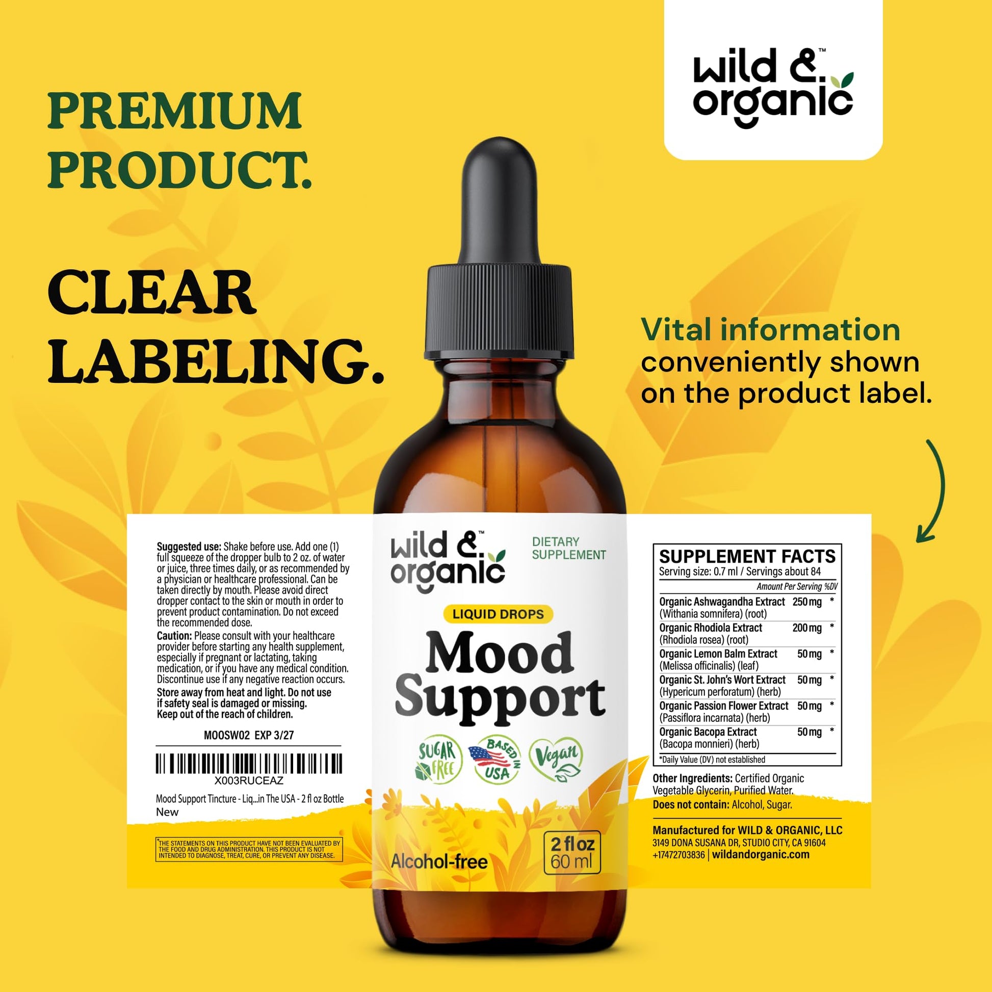 Wild & Organic Mood Support Drops - Good Mood Supplements w/Ashwagandha Root & Rhodiola Rosea - Natural Liquid Drops for Positive Energy - Calm and Relax Supplements for Women and Men - 2 oz Wild & Organic buy supplements Au