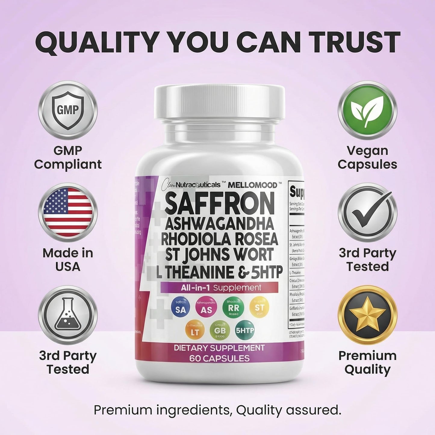 Clean Nutraceuticals Saffron Supplements Extract 100mg + Ashwagandha L-Theanine 200mg - Mood Support Ginkgo Biloba, St. John's Wort, Rhodiola Rosea & 5-HTP Capsules Pills Men Women Clean Nutraceuticals buy supplements Au