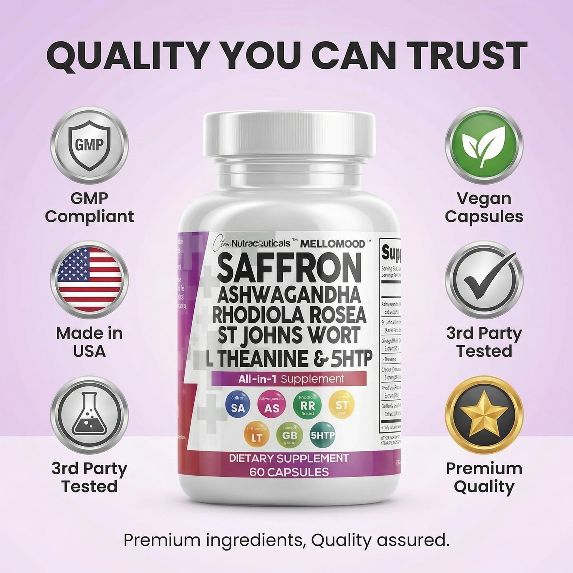Clean Nutraceuticals Saffron Supplements Extract 100mg + Ashwagandha L-Theanine 200mg - Mood Support Ginkgo Biloba, St. John's Wort, Rhodiola Rosea & 5-HTP Capsules Pills Men Women Clean Nutraceuticals buy supplements Au