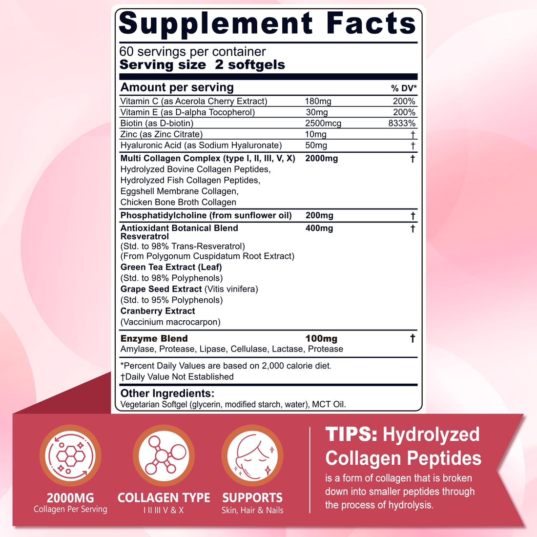 Hydrolyzed Collagen Peptides Pills for Women 2000mg Liposomal Form Type I, II, III, V, X for Optimal Absorption, Multi Collagen Softgels, Collagen Supplements