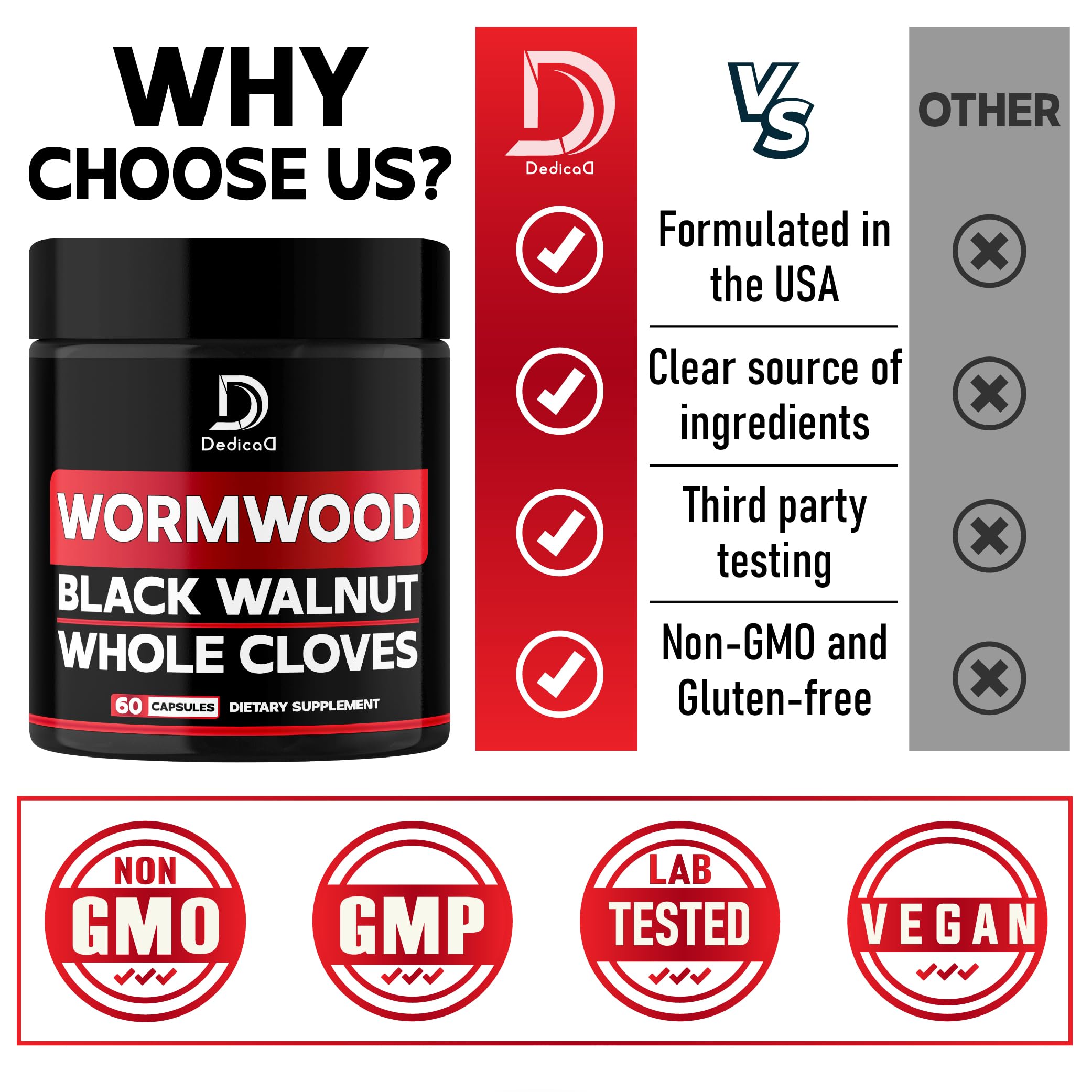 DEDICAD 1500mg Wormwood Capsules with Black Walnut & Cloves - Artemisia Annua Supplement for Immunity - 60 Vegan Capsules DEDICAD Au supplements