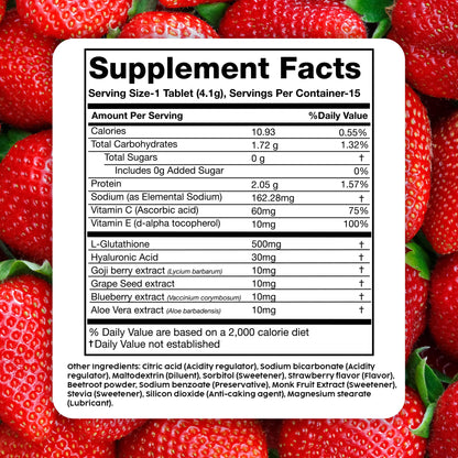PLIX Glowy Skin 500mg Glutathione Supplement with Hyaluronic Acid, Vitamin C, E & Berries | 30 Effervescent Tablets, Strawberry Flavor PLIX - THE PLANT FIXAu supplements