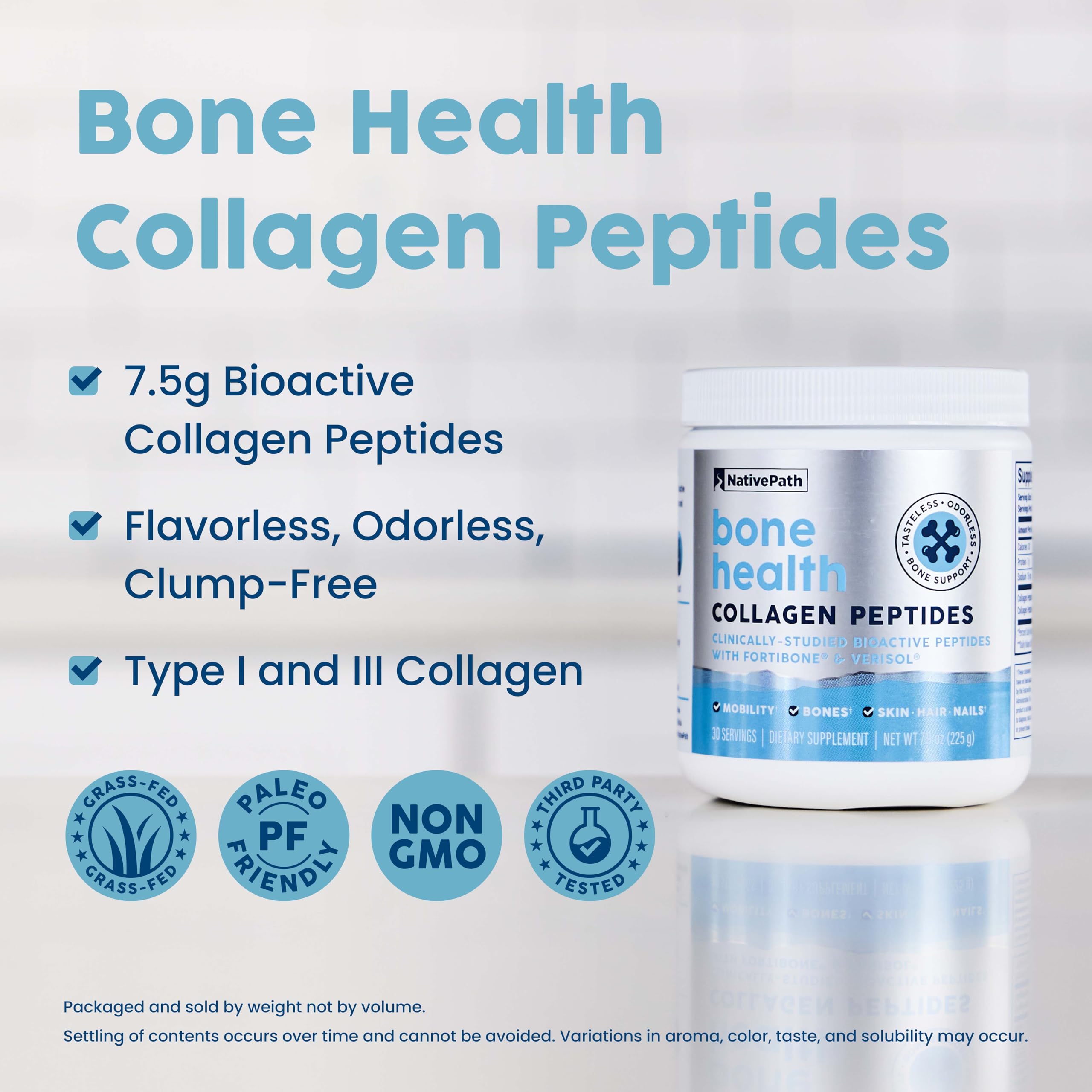 NativePath Bone Health Collagen Peptides, Type 1 & 3, with Fortibone and Verisol, 7.9 Ounce, 30 Servings