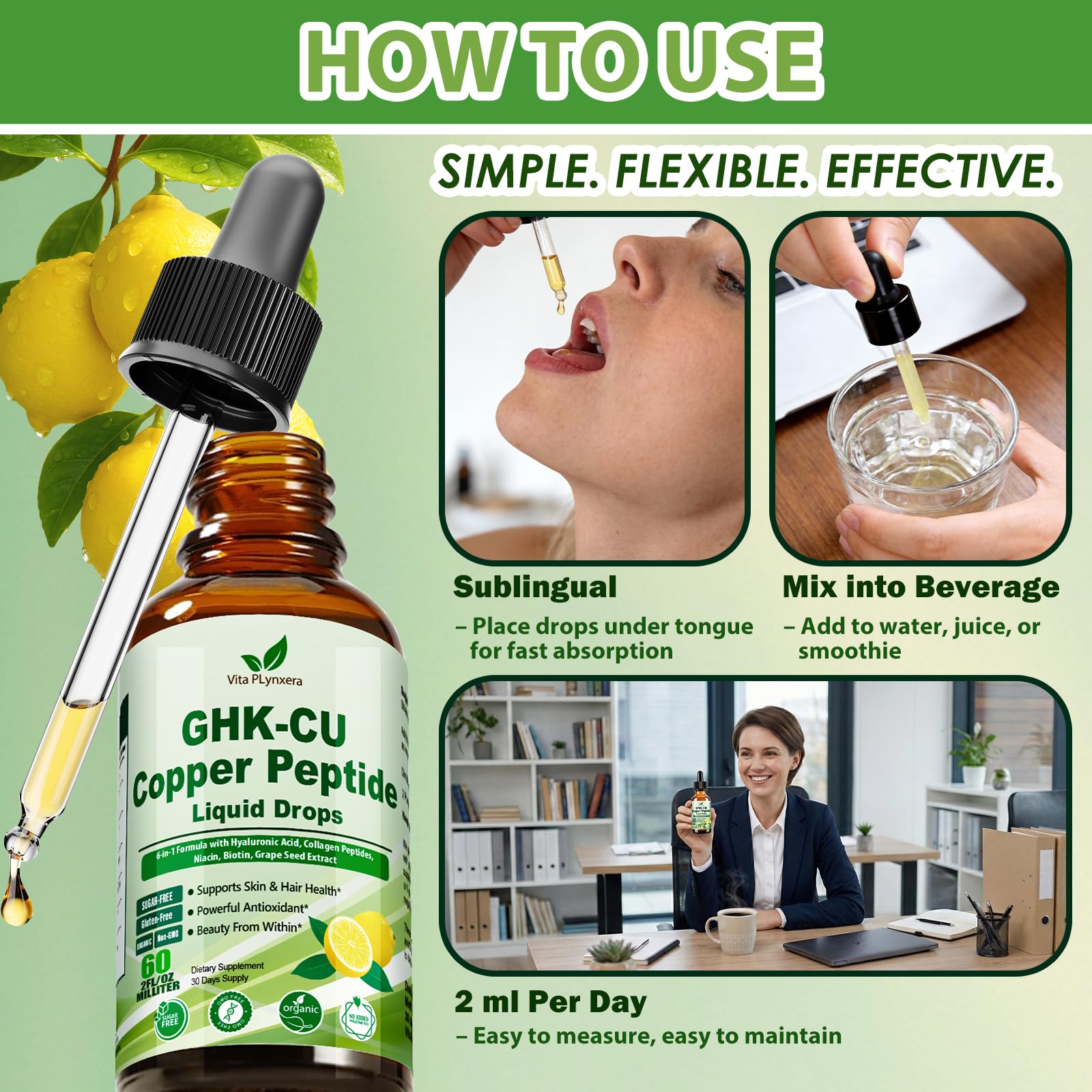 Vita PLynxera GHK-CU Peptide Supplement Liquid Drops, Premium 6-in-1 GHK CU Copper Peptides w. Marine Collagen Hyaluronic Acid Biotin for Anti-Aging, Skin Hair Growth Support, Oral Drops丨Women Men Vita PLynxera Au supplements