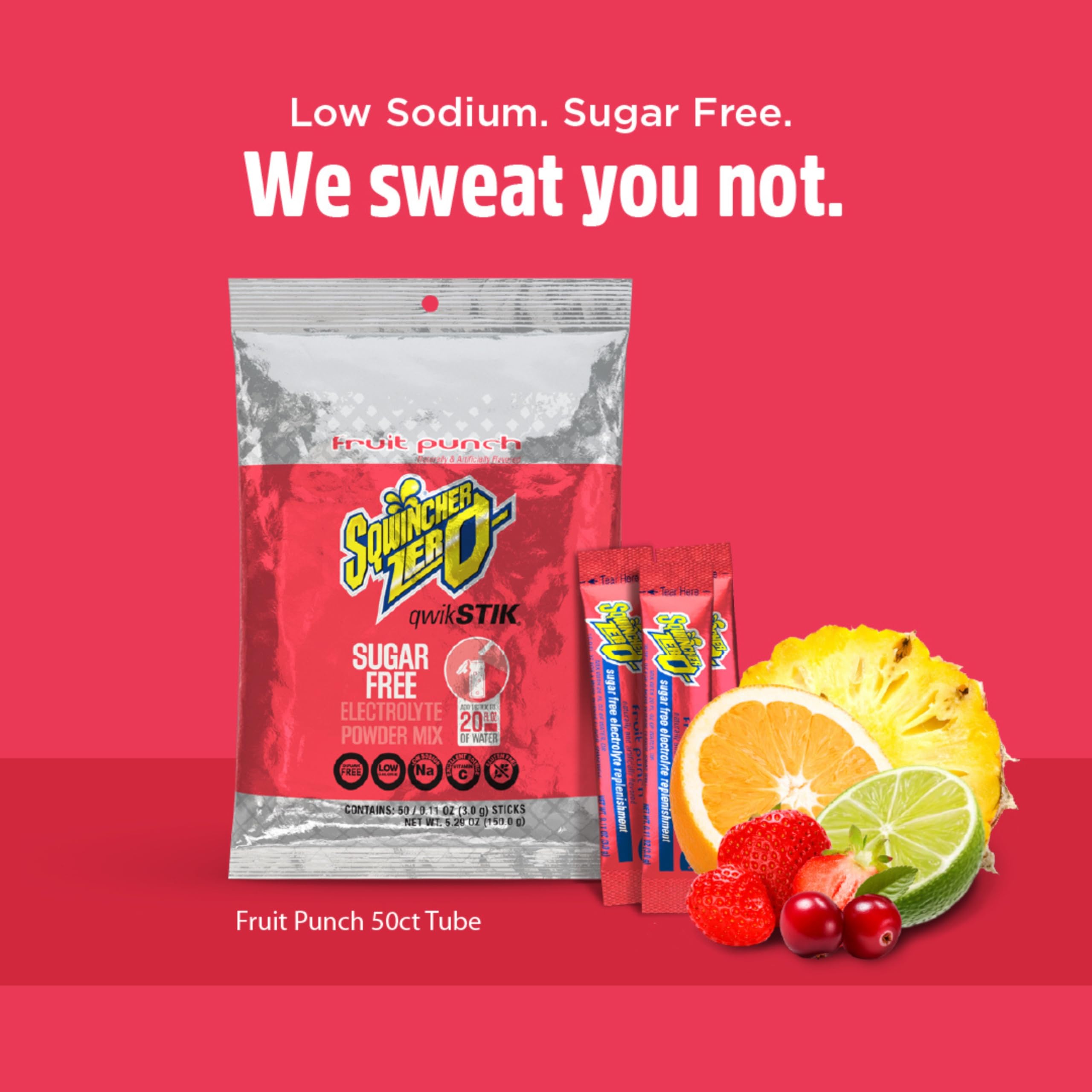 Sqwincher Zero Qwik Stik, Fruit Punch, Sugar Free, Low Calorie, Low Sodium Electrolyte Powder Hydration Drink Mix, .11 0z Packet (Pack of 50)