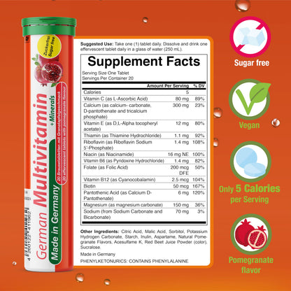 T&D German Multvitamin + Minerals 10 Vitamins 2 Minerals - 240 Vegan Drink Effervescent Tablets - Pomegranate Flavor - Made in Germany T&D buy supplements Au