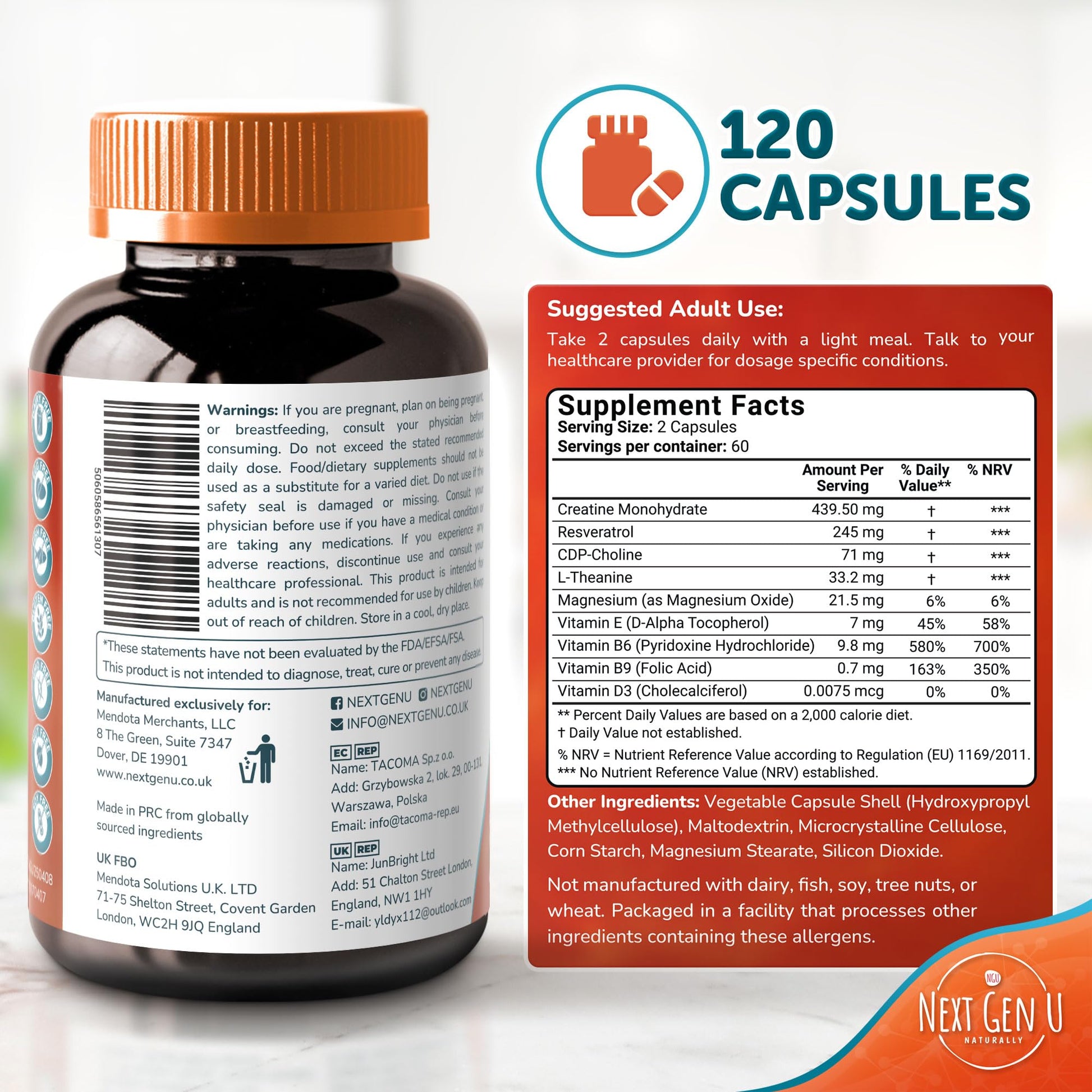 Brain Supplement - 120 Vegan Capsules - Dietary Nootropic May Help Memory, Cognitive Function & Focus - Formulation with Amino Acids, Polyphenols & B Vitamins - for Women, Men & Seniors - by NextGenU NGU Next Gen U Au supplements