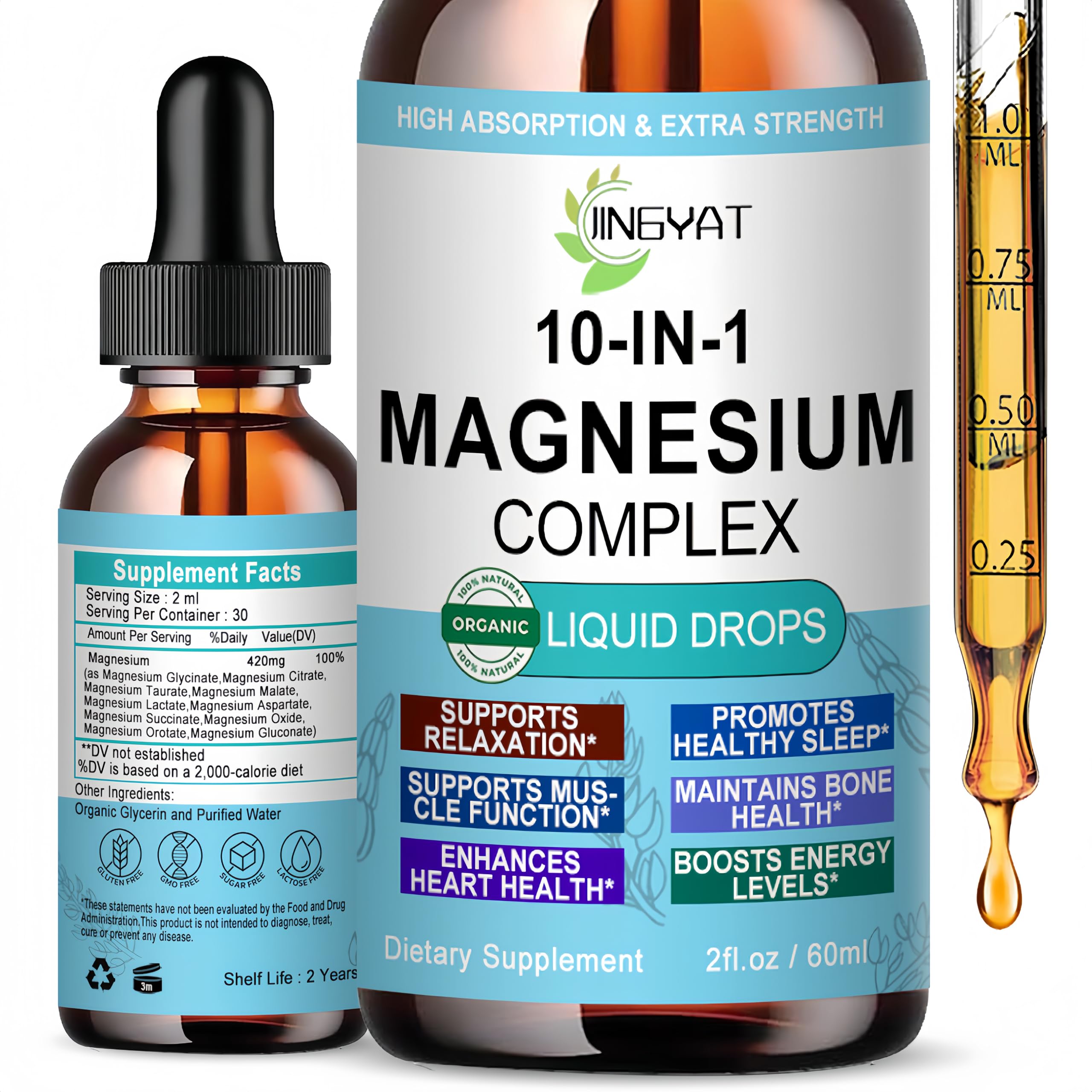 High Absorption Magnesium Complex Drops | 10-in-1 Liquid Magnesium Complex for Women & Men with Glycinate,Citrate,Taurate | for Stress Relief,Sleep,Heart Health | Vegan,Non-GMO,Fast-Acting Formula JINGYAT Au supplements