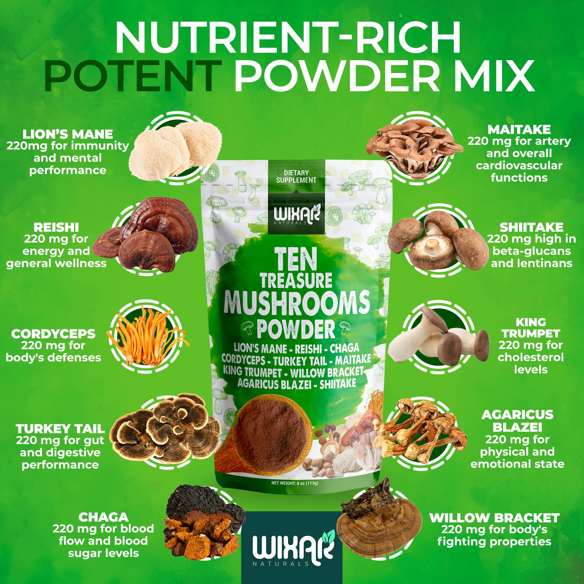 Wixar Mushroom Powder - Ten Treasure Mushrooms Extract Supplement Blend for Coffee WIXAR NATURALS Au supplements