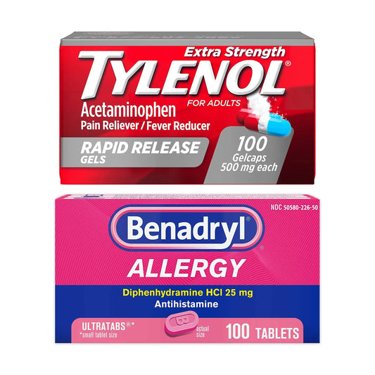 Benadryl Ultratabs Antihistamine Allergy Relief Tablets with 25 mg Diphenhydramine HCl, 100 ct and Tylenol Extra Strength Pain Reliever Rapid Release Gels with 500 mg Acetaminophen, 100 ct TylenolAu supplements