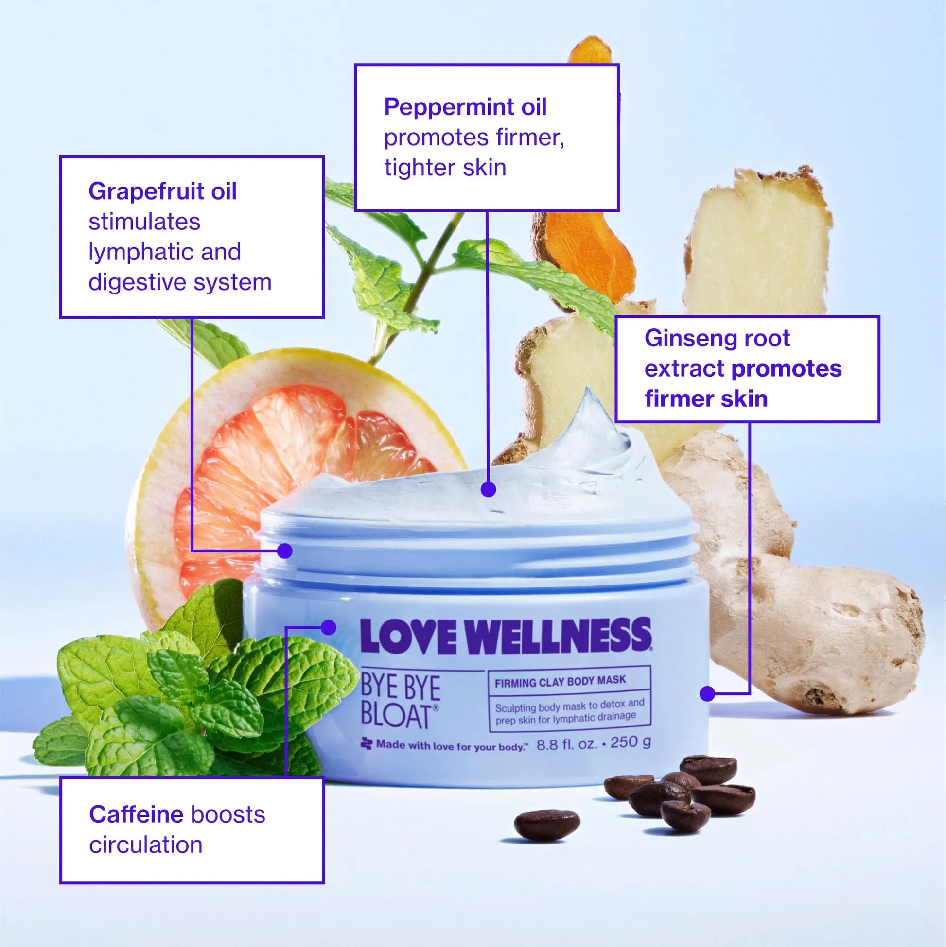 Love Wellness Bye Bye Bloat Firming Clay Body Mask | Lymphatic Drainage Body Mask for Women | Support Bloating Relief, Skin Hydration & Boost Circulation | Caffeine, Grapefruit & Peppermint Oil | 250g Love Wellness Au supplements