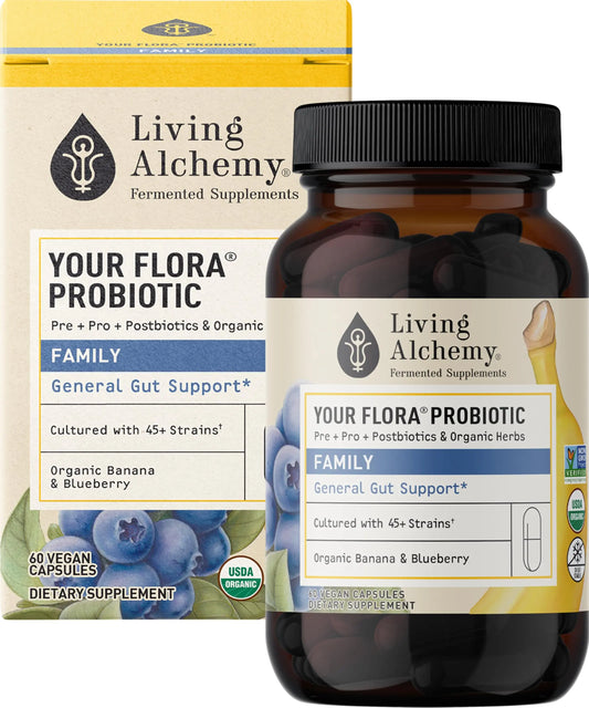 Your Flora Probiotic Family – Non-GMO Probiotics with Fermented Soybean, Banana, & Blueberry for Digestion & Gut Support – Prebiotics, Postbiotics, Digestive Enzymes – Living Alchemy, 60 Capsules Living AlchemyAu supplements