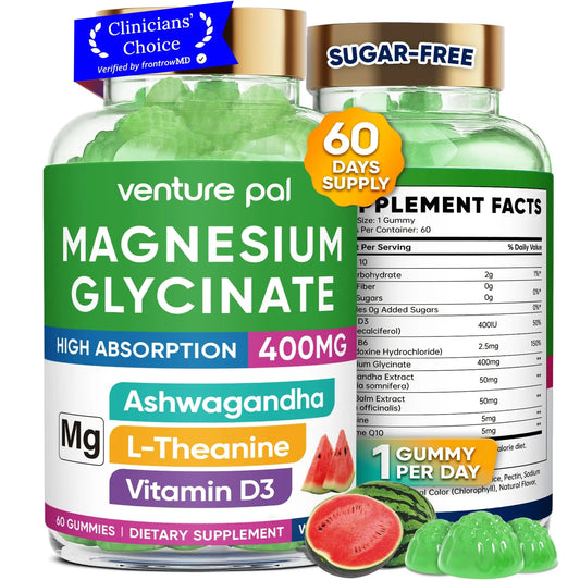 60 Day Supply Magnesium Glycinate 400mg Gummies with Ashwagandha, L-Theanine, CoQ10, Vitamin D3 & B6, Sugar Free Magnesium Gummies for Adults & Kids, Stress Relief, Sleep & Calm, Vegan, Gluten Free Venture PalAU supplements