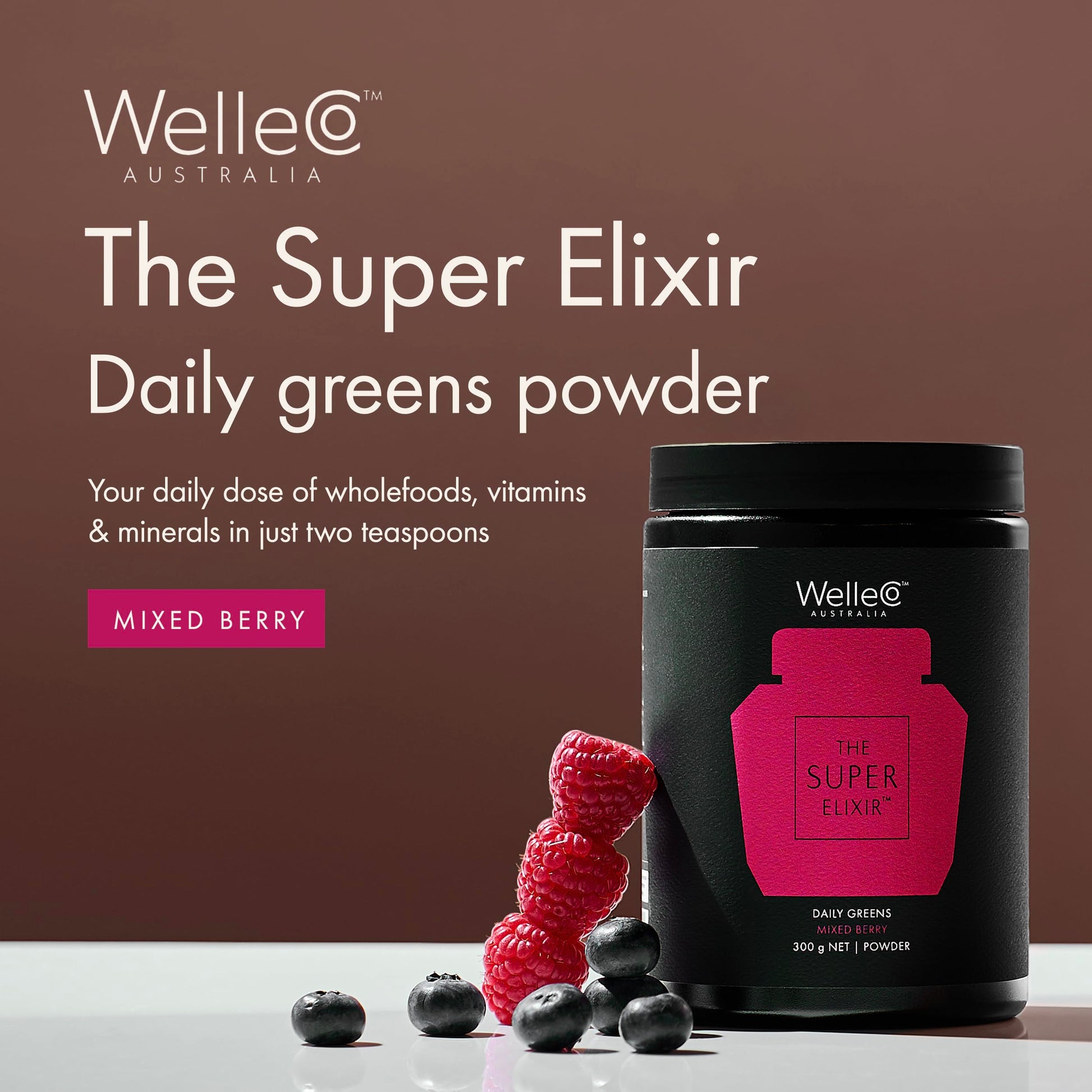 WelleCo The Super Elixir Daily Greens Powder, Probiotic Drink Mix with Whole Foods, Gluten Free, Vegan Gut Health Powder, Energy, Immunity, Healthy Skin, Hair & Nails (300g, Mixed Berry) WelleCo Au supplements