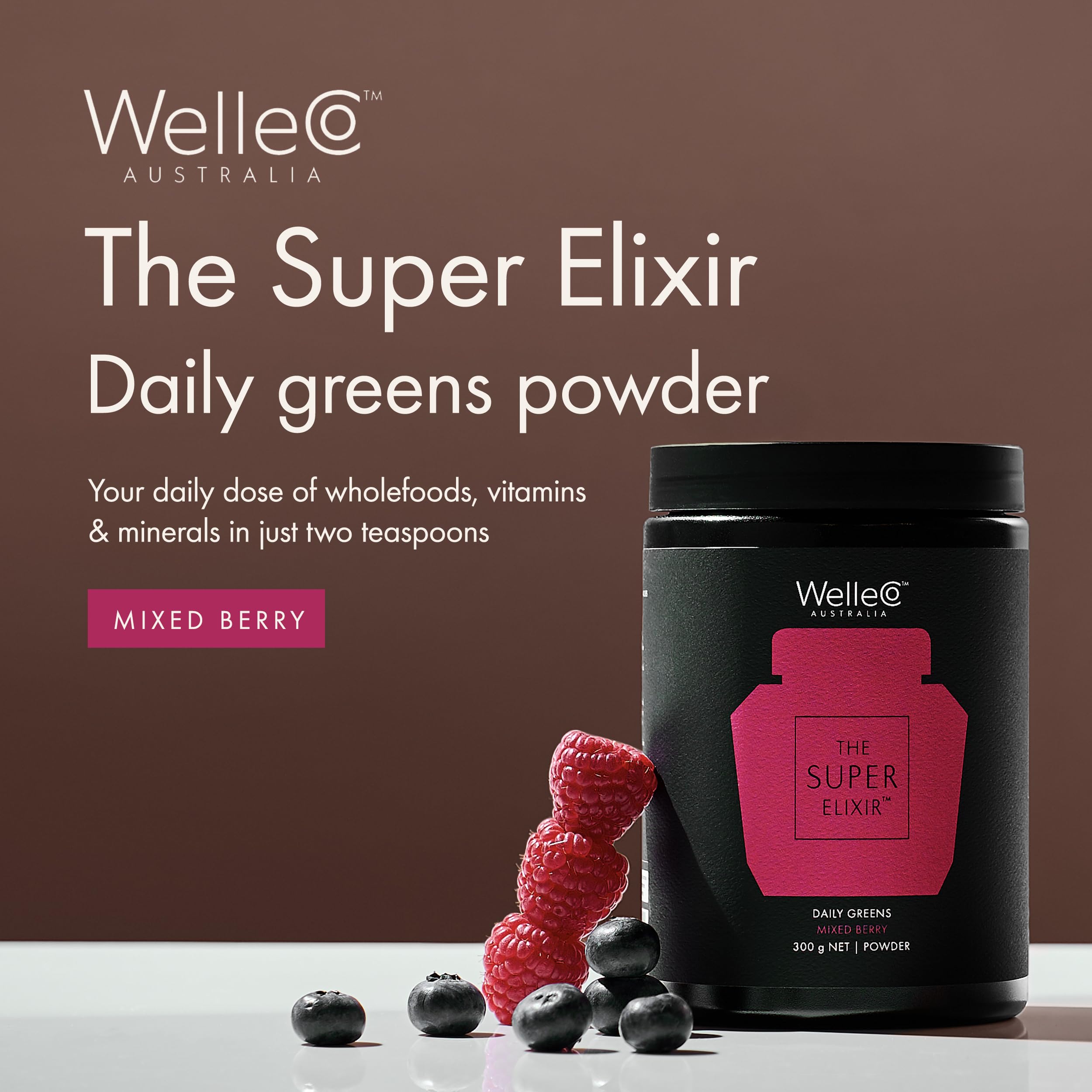 WelleCo The Super Elixir Daily Greens Powder, Probiotic Drink Mix with Whole Foods, Gluten Free, Vegan Gut Health Powder, Energy, Immunity, Healthy Skin, Hair & Nails (300g, Mixed Berry) WelleCo Au supplements