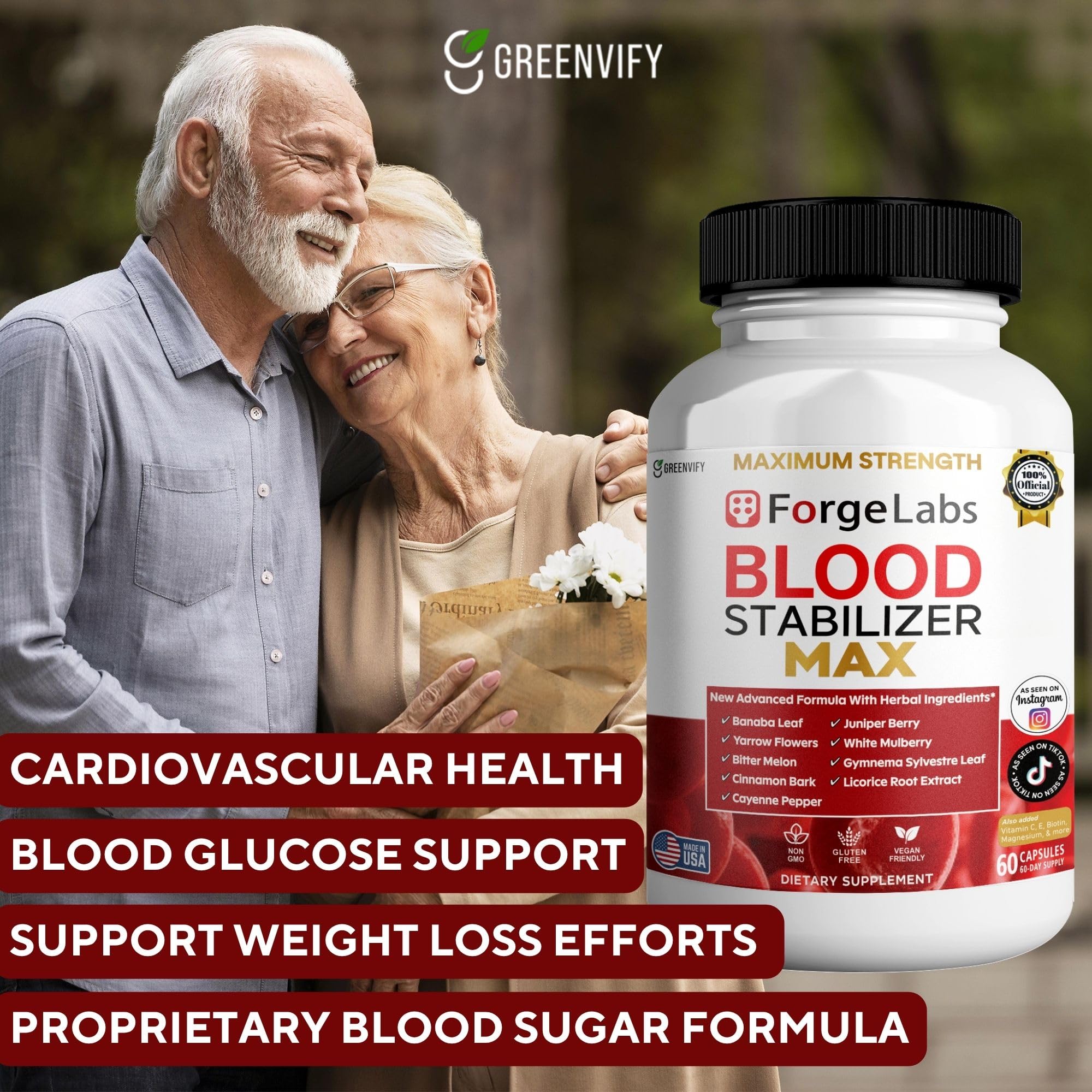 GREENVIFY ForgeLabs Blood Stabilizer Max, Maximum Strength Dietary Supplement, 60 Veggie Capsules, with Banaba Leaf, Juniper Berry, White Mulberry. (1) GREENVIFY Au supplements