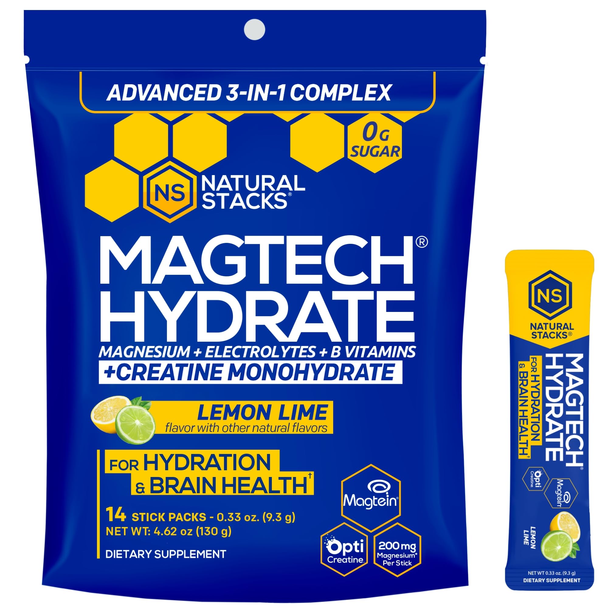 NATURAL STACKS Magtech Magnesium Hydrate + Creatine - Sugar Free Electrolyte Drink - Magtein Magnesium L-Threonate, Glycinate & Taurate - Supports Hydration & Cellular Energy - 14 Hydration Packets NATURAL STACKS Au supplements