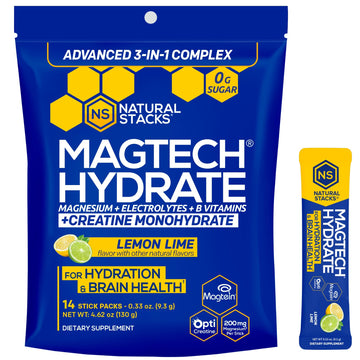 NATURAL STACKS Magtech Magnesium Hydrate + Creatine - Sugar Free Electrolyte Drink - Magtein Magnesium L-Threonate, Glycinate & Taurate - Supports Hydration & Cellular Energy - 14 Hydration Packets NATURAL STACKS Au supplements