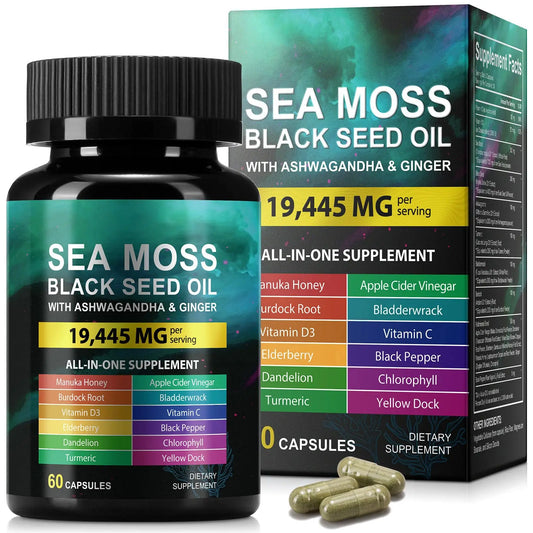 Sea Moss Black Seed Oil Ashwagandha Ginger, Sea Moss Capsule Supplement with Turmeric Burdock Root Bladderwrack Vitamin C Vitamin D3 Enhanced Immunity HUYEHFAU supplements