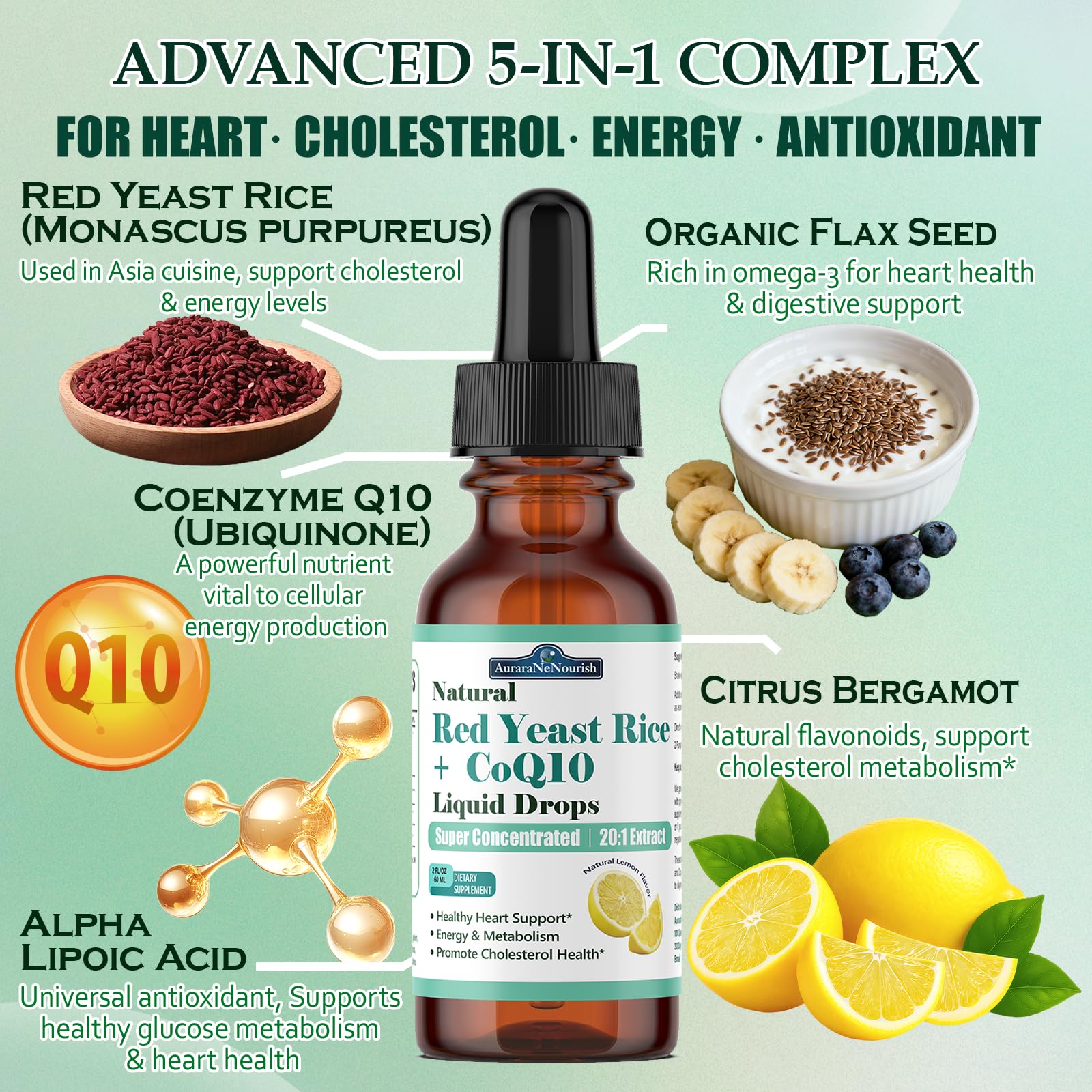 Liposomal Red Yeast Rice with Coq10 Liquid Drops, 5-in-1 Extra Strength 1200mg Cholesterol & Heart Support w. Citrus Bergamot Alpha Lipoic Acid | Cholesterol Lowering Supplement | GMO & Citrinin Free AuraraNeNourish Au supplements