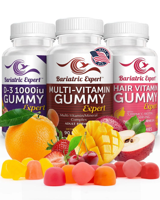 Bariatric Multivitamin 3 Pack, Multivitamin Gummy 90 Chews. - D3 Gummies 90 Chew - Hair Vitamin Gummy 60 Chews. Bariatric Food ExpertAU supplements
