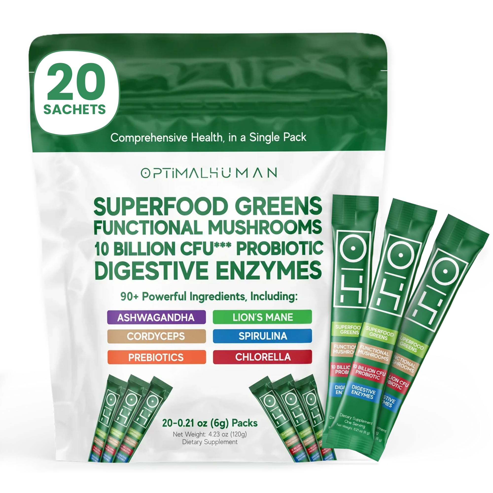 Optimal Human Superfood Greens Powder – 90+ Ingredient Blend with Lion’s Mane Supplement, Ashwagandha & Turmeric – Non-GMO, Soy-Free, Mushroom Supplements for Women – 20 Sachets O H Au supplements