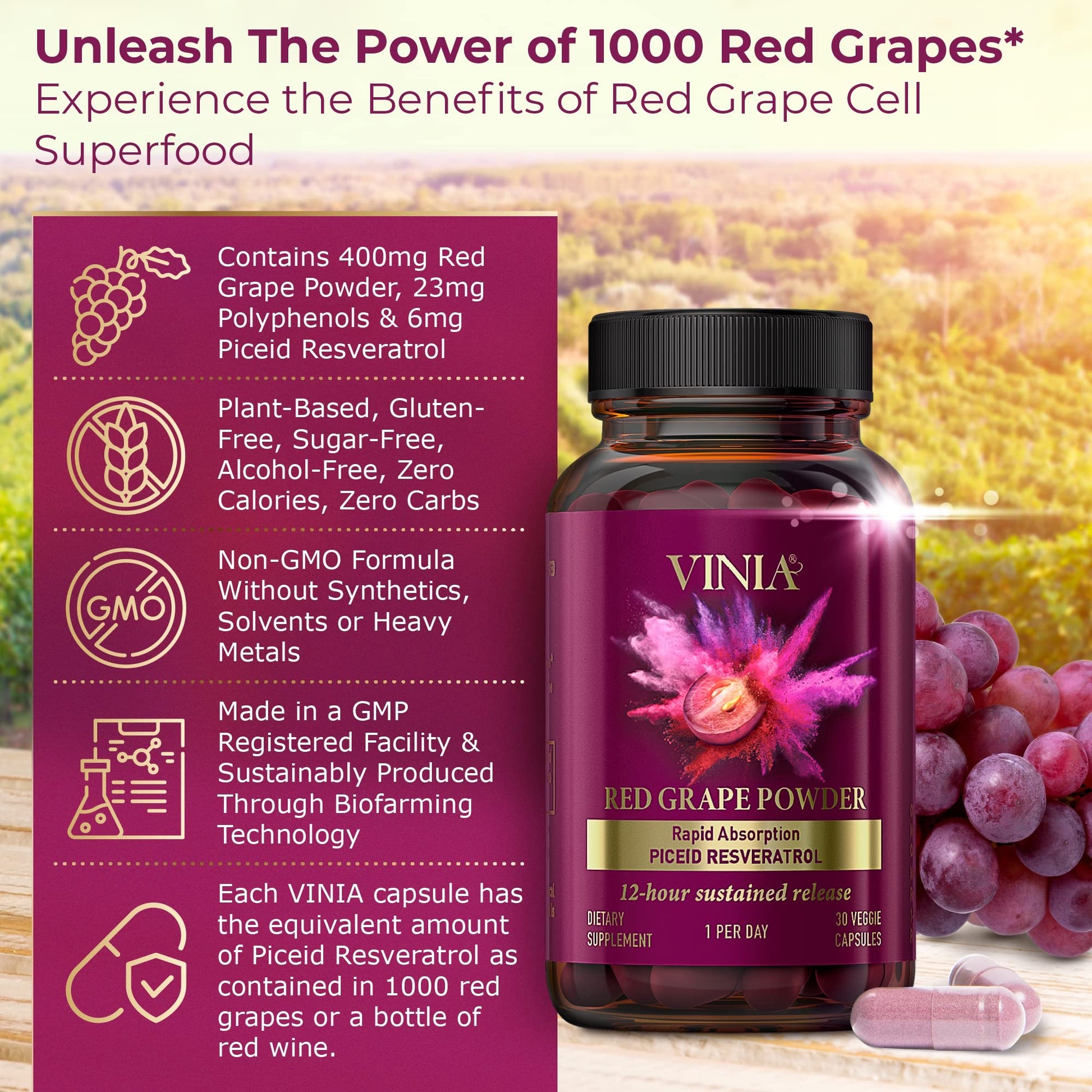 VINIA 12-Hour Sustained Release Piceid Resveratrol Supplement. Nitric Oxide Supplement VINIA Au supplements