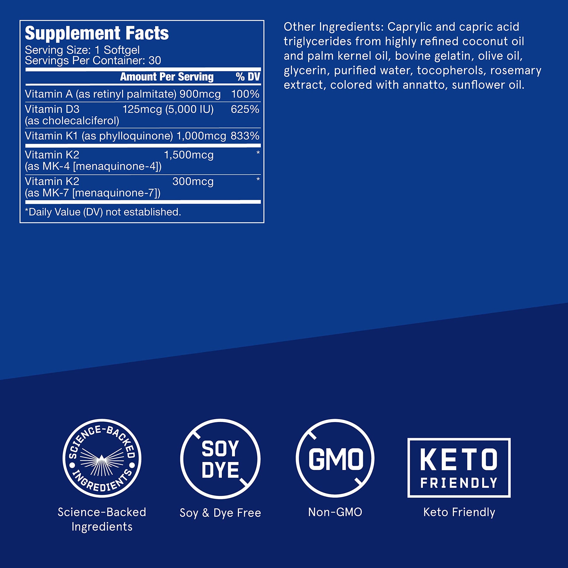 Vitamins A-D-K, 30 Softgels, 900mcg Vitamin A, with 5000 IU D3, K1, K2, K3, High Potency Bulletproof Au supplements