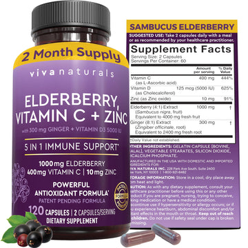 Viva Naturals Elderberry with Vitamin C and Zinc for Adults - 5 in 1 Sambucus Black Elderberry Capsules with Vitamin D3 5000 IU Immunity Supplement