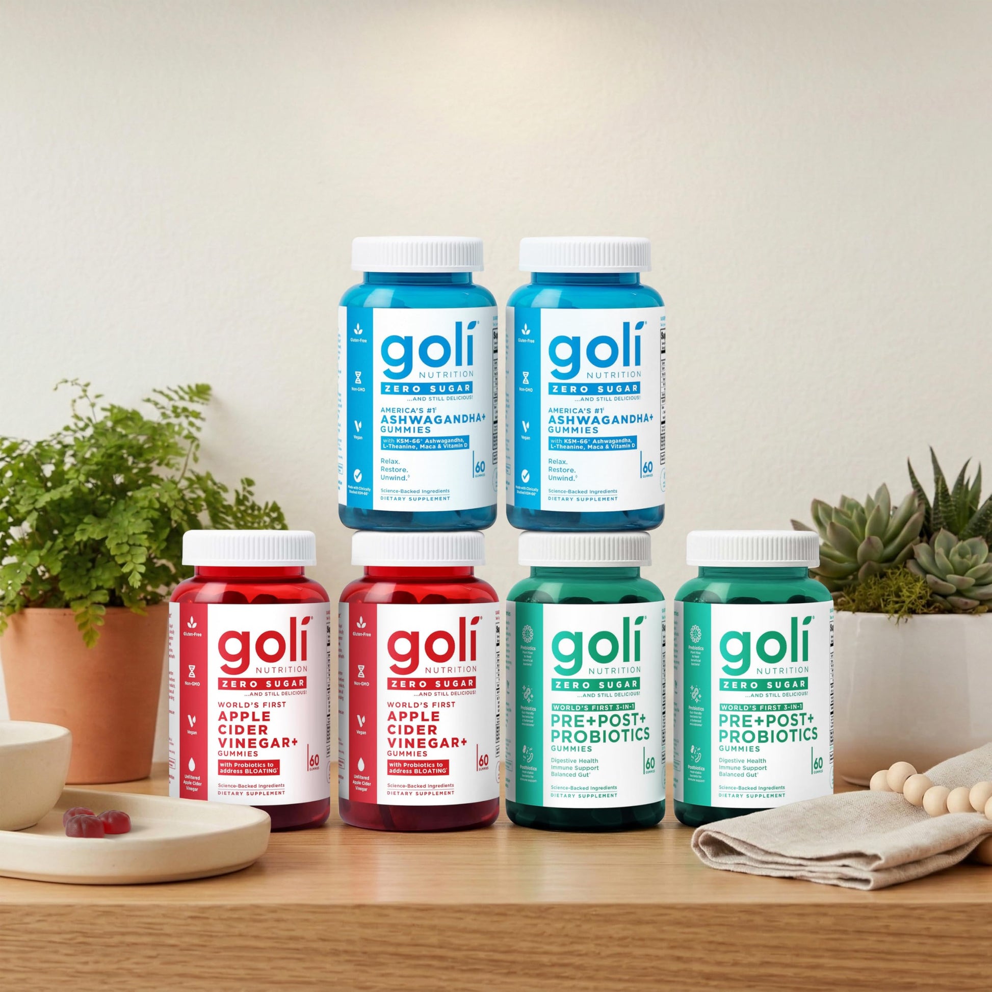 Goli Zero Sugar 6 Pack Bundle - World's First 3-in-1 Pre, Post, Probiotic, Apple Cider Vinegar with Vitamin B12 and Probiotics to Address Bloating, Ashwagandha & L-Theanine, Vitamin D Gummies Goli Au supplements
