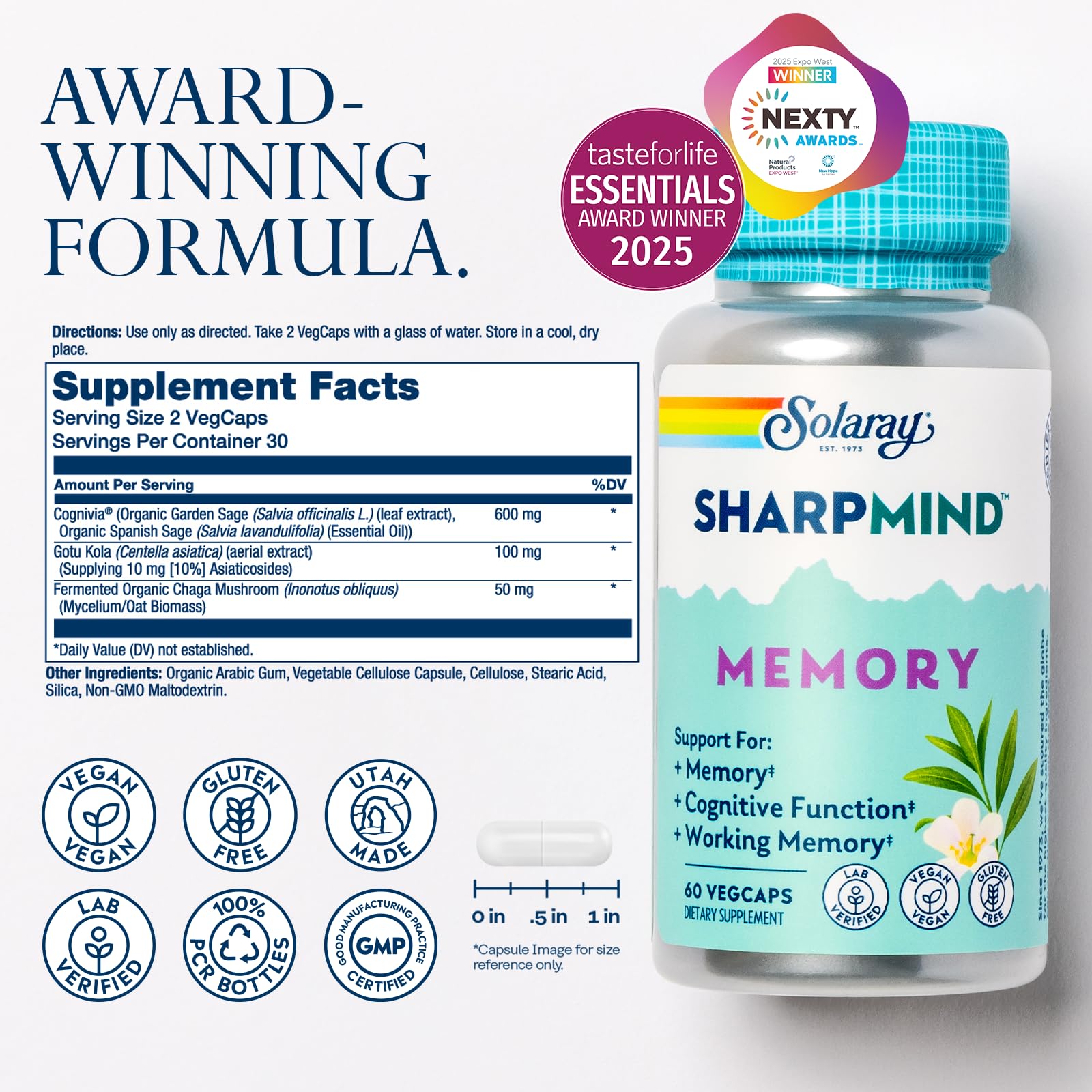SOLARAY SharpMind Memory Formula - Brain Supplements for Memory and Focus - Cognivia, Gotu Kola & Chaga Mushroom Supplement - Ginkgo Biloba Alternative - 60-Day Guarantee - 30 Servings, 60 VegCaps SOLARAY Au supplements