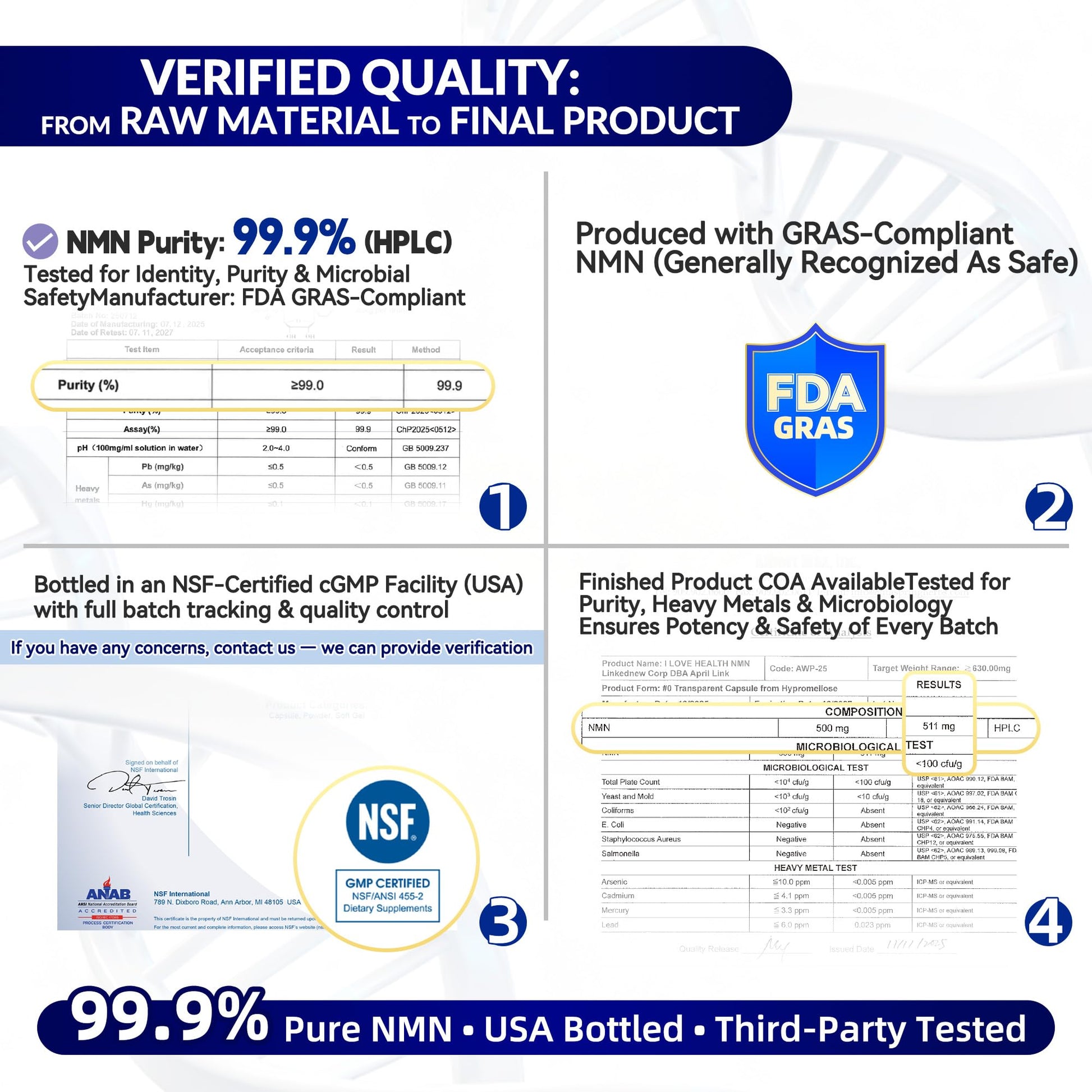 NMN 500MG Per Capsule – High Purity 99.9% NMN, NAD+ Support for Cellular Energy & Healthy Aging, 60 Capsules, Third-Party Tested, cGMP Made in USA I LOVE HEALTH Au supplements