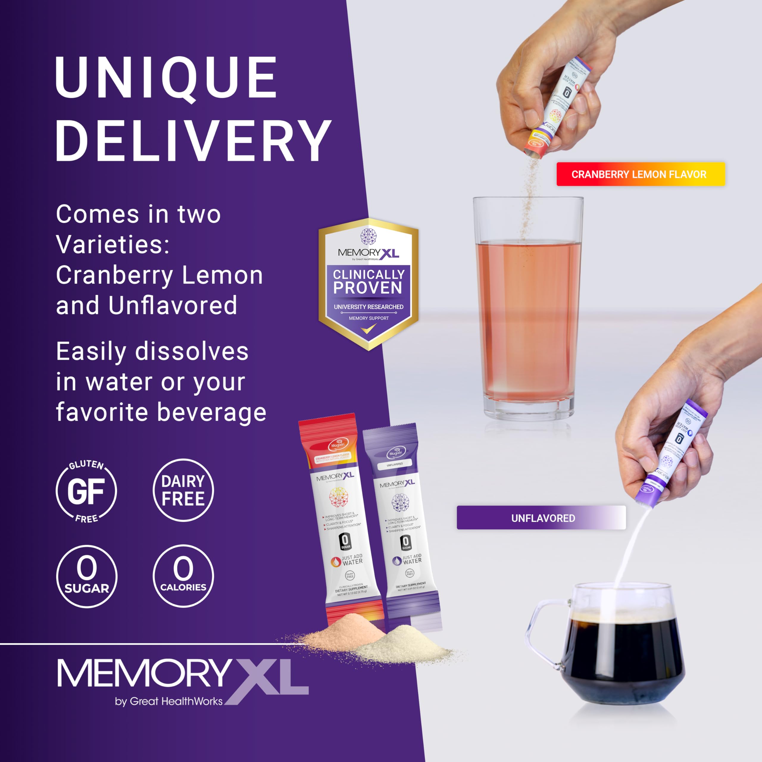 MemoryXL, Magnesium L-Threonate: Brain Supplement for Memory & Focus; Magtein®, Phosphatidylserine, Vitamin Mix. Improves Memory Focus Attention Learning & Logic. 0 Sugar, 0 cal, 30pk Cranberry Lemon OmegaXL Au supplements