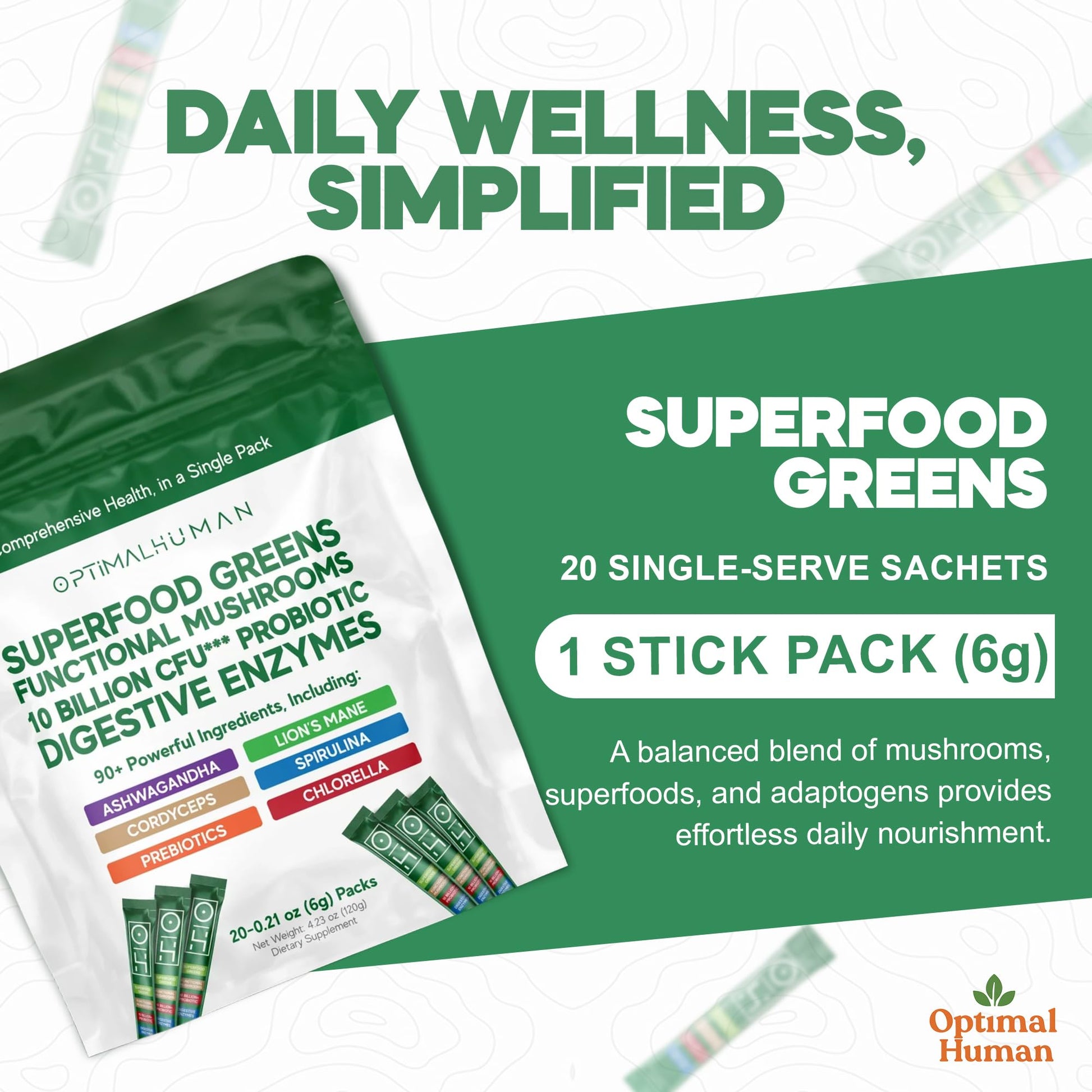 Optimal Human Superfood Greens Powder – 90+ Ingredient Blend with Lion’s Mane Supplement, Ashwagandha & Turmeric – Non-GMO, Soy-Free, Mushroom Supplements for Women – 20 Sachets O H Au supplements