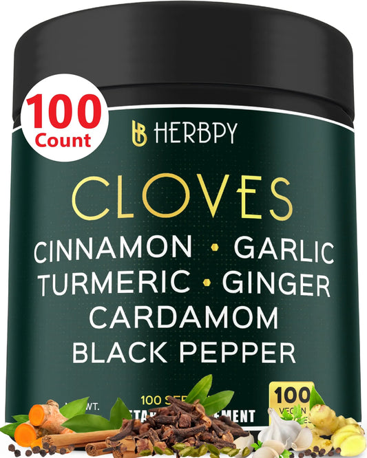 Herbpy 7in1 Clove Supplement Rich in Vitamins & Minerals Supports Digestion, Immune & Heart Health with Cinnamon, Turmeric, Ginger, Cardamom, Garlic & Black Pepper - 100 Vegan Capsules HerbpyAU supplements