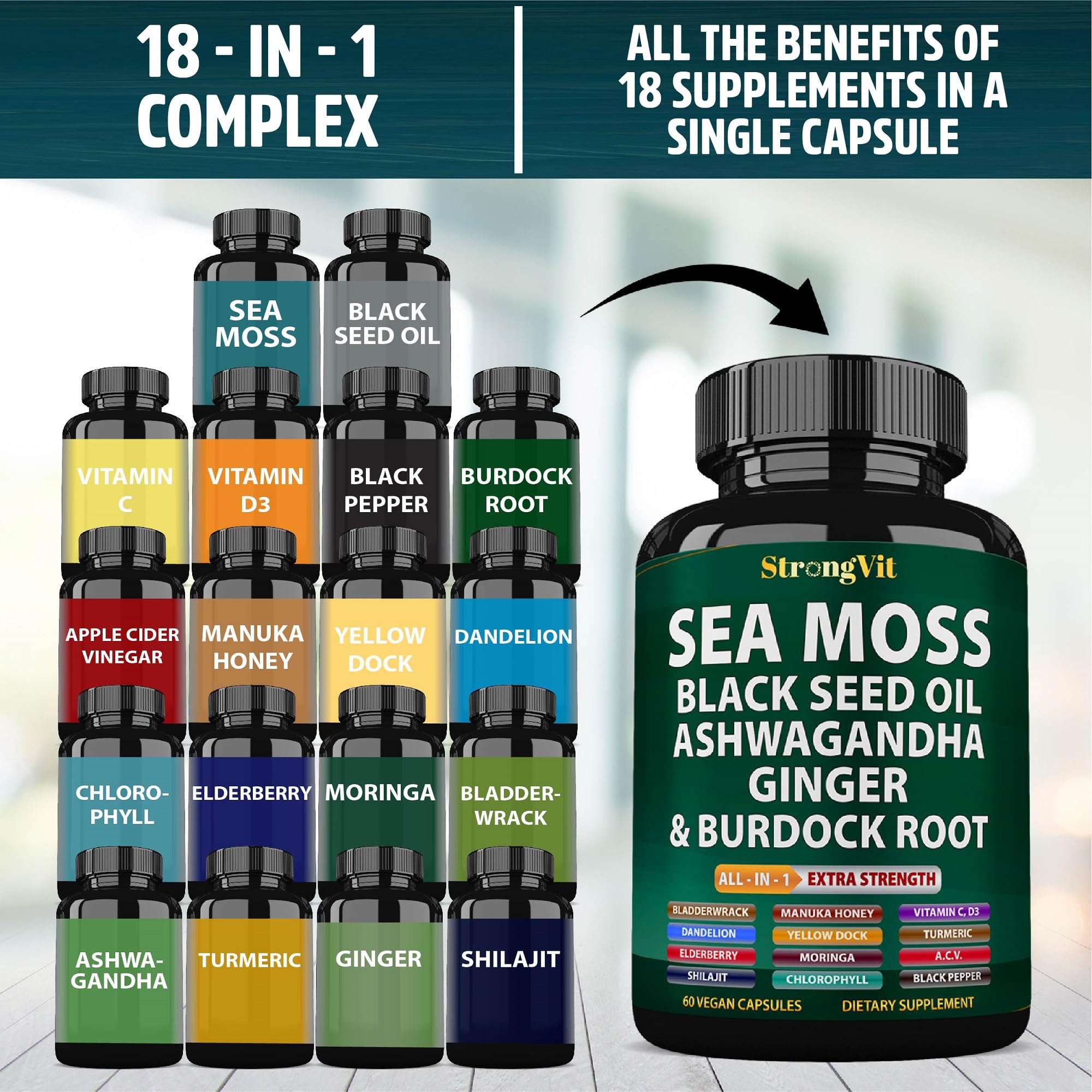StrongVit Sea Moss Black Seed Oil Ashwagandha Ginger, Organic Sea Moss Capsules with Burdock Root, Irish Seamoss Pills with Bladderwrack, Advanced Multimineral Supplement, USA StrongVit Au supplements