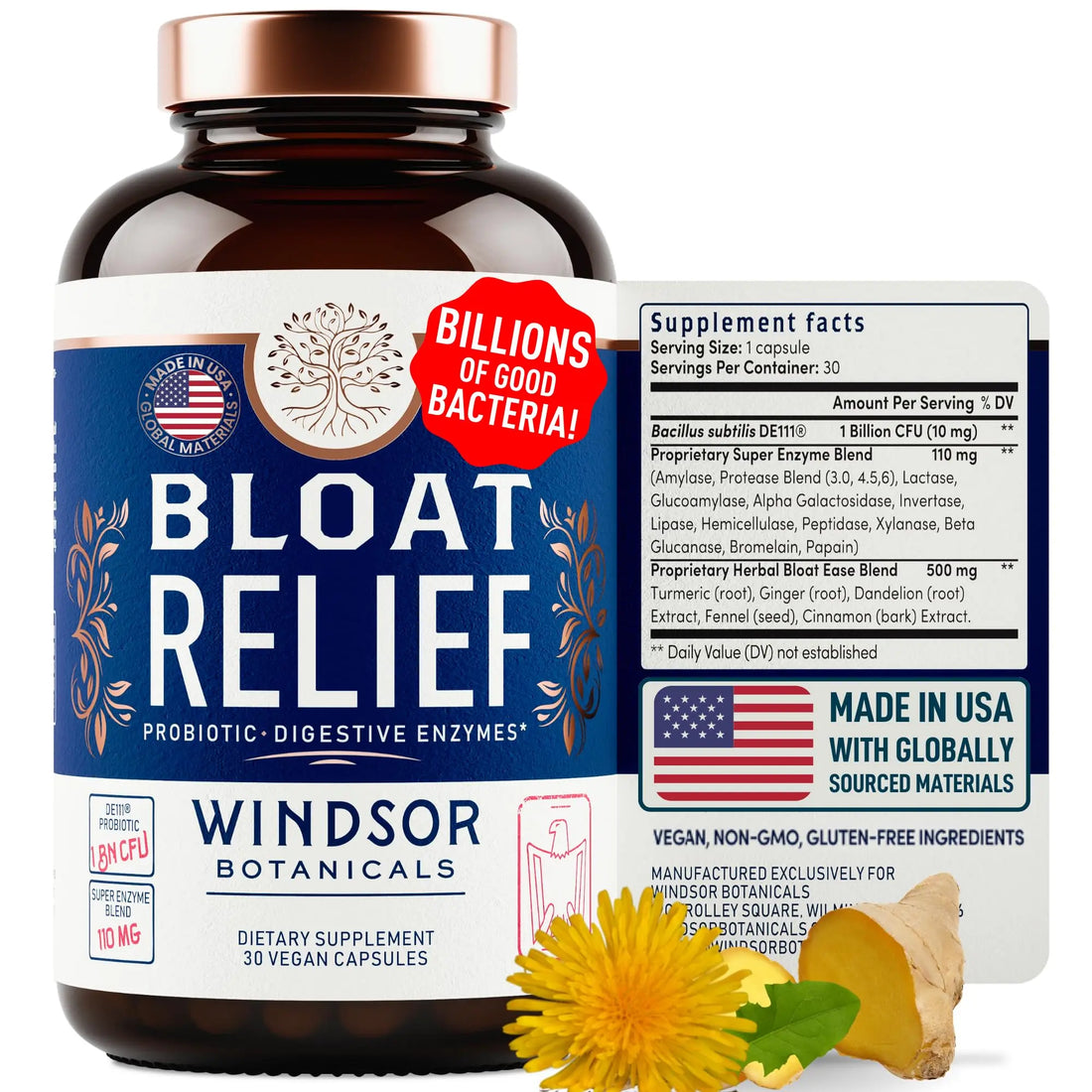 Bloat Relief Probiotic and Digestive Enzymes - Anti Bloating Turmeric, Fennel, Bromelain IBS WINDSOR BOTANICALS uk supplements