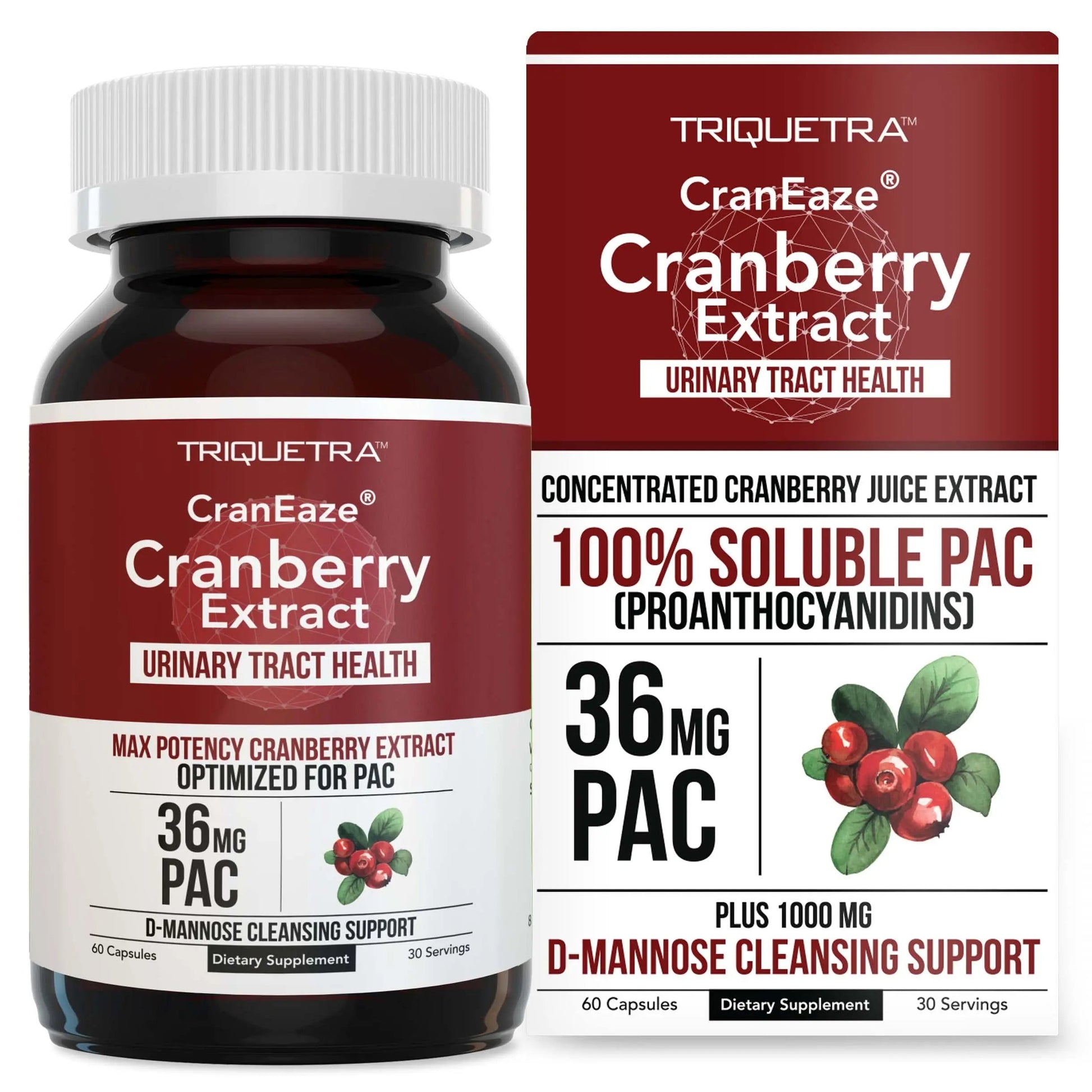 CranEaze®: Cranberry Juice Extract Plus D-Mannose – 36 mg PAC, 100% Soluble PAC - Supports Urinary Tract Health – Most Effective Cranberry Pills for Women, UTI Cranberry Supplement - 60 Capsules Triquetra Health Au supplements