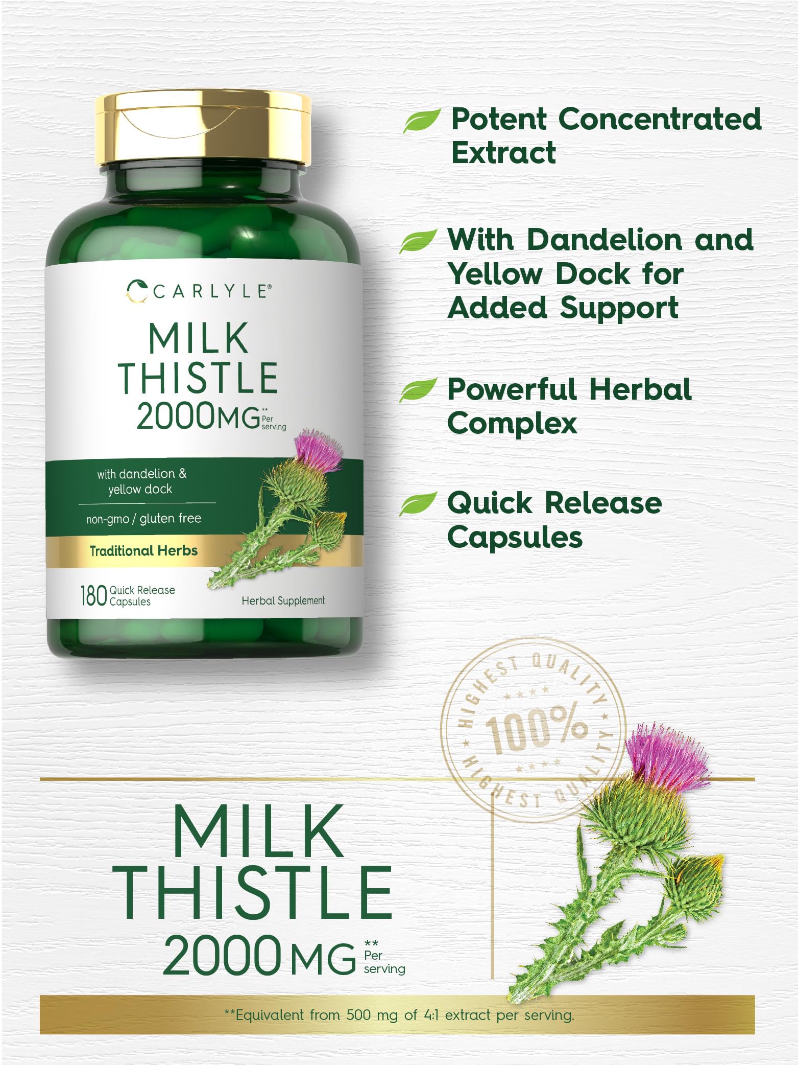 Carlyle Milk Thistle 2000mg | 180 Capsules | with Dandelion & Yellow Dock | Non-GMO Carlyle Au supplements