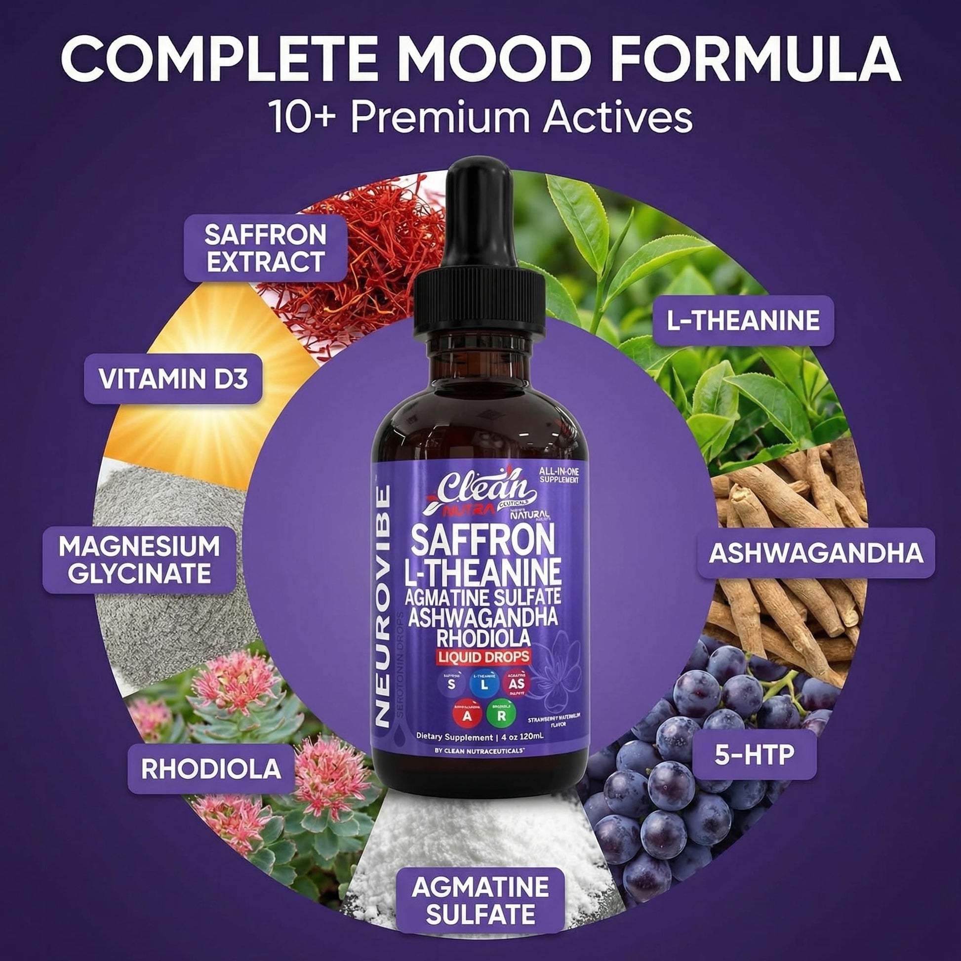 Saffron Supplements Liquid Drops L-Theanine Agmatine Sulfate Ashwagandha Magnesium Glycinate B6 Magnesium Stress Relief Mood Support 5-HTP GABA Supplement Vitamin D 4oz by Clean Nutra Clean Nutraceuticals buy supplements Au