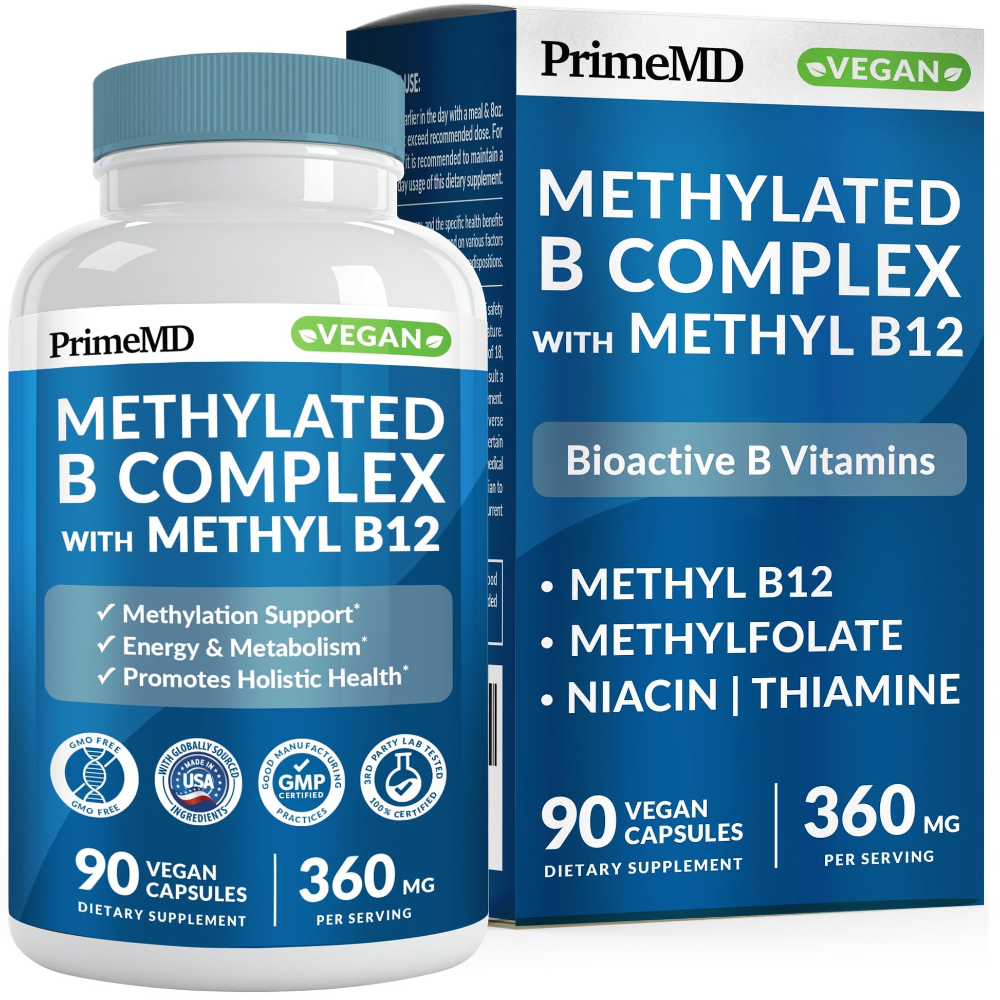 Methylated B Complex with Methylfolate and B12 Methylcobalamin 1000 mcg - Methylated Multivitamin for Energy, Brain Function, and Wellness - Vitamin B Complex for Men & Women (90 Servings) (Pack of 1) PrimeMD Au supplements