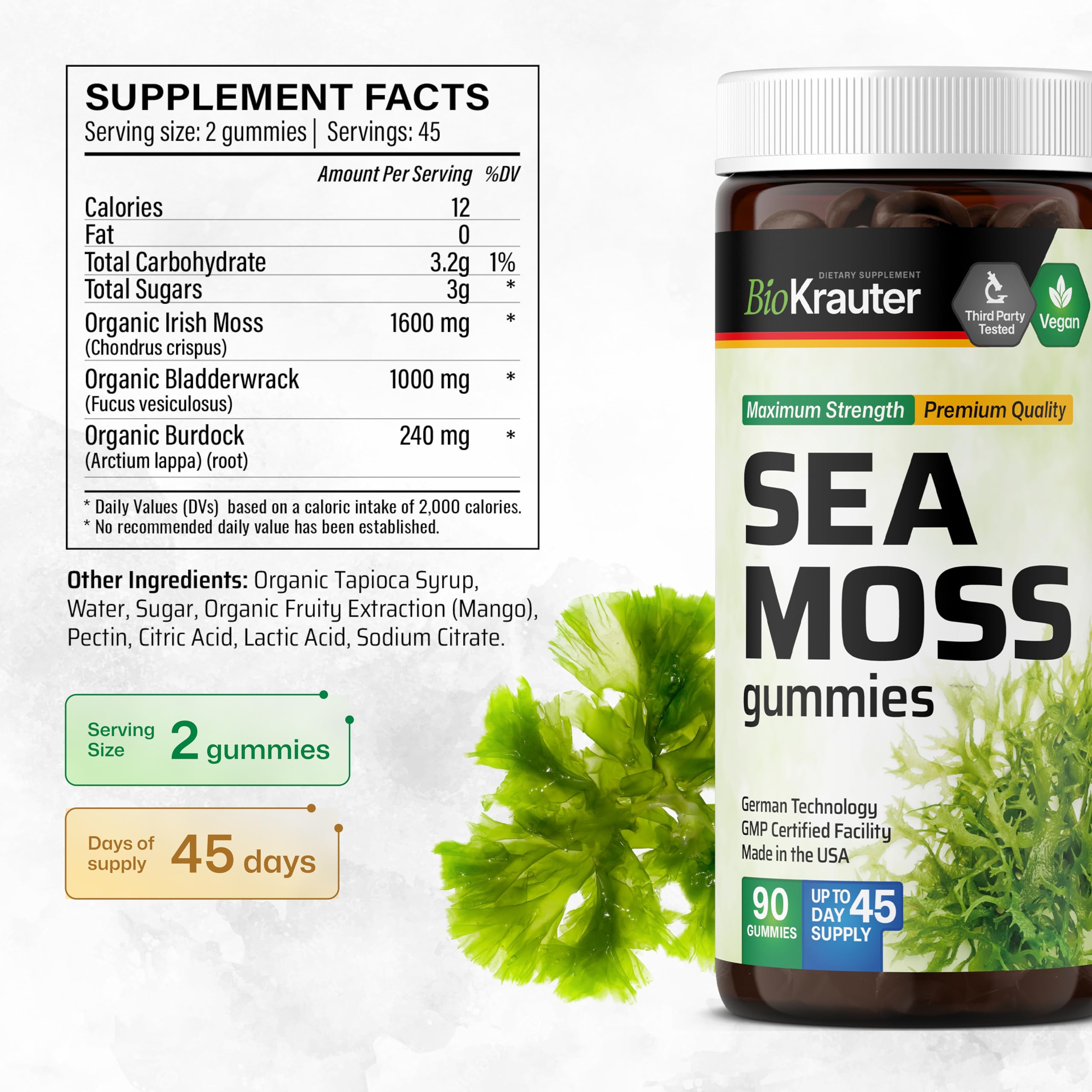 BIO KRAUTER® 3-in-1 Sea Moss for Thyroid Support - Vegan Sea Moss Gummies with Bladderwrack & Burdock Root for Women & Men - 90 Gummies Chondrus Crispus Formula, 45 Days of Supply, Mango Flavor BIO KRAUTER Au supplements