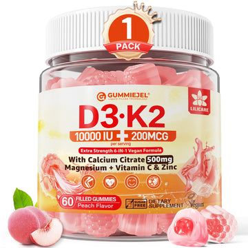 Vitamin D3 K2 Gummies 5000IU / 10,000 IU with 500mg Calcium + K2(MK-7) 200mcg, Magnesium, Vitamin C & Zinc, Extra Strength - Ultimate Absorbency for Bones