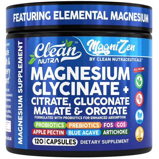 Clean Nutra Magnesium Glycinate Citrate Malate Orotate Taurate Supplement Complex + 10 Strain Probiotic Prebiotics FOS GOS Inulin Sleep Calm Support Apple Pectin – 120 Vegan Capsules Clean NutraceuticalsAu supplements