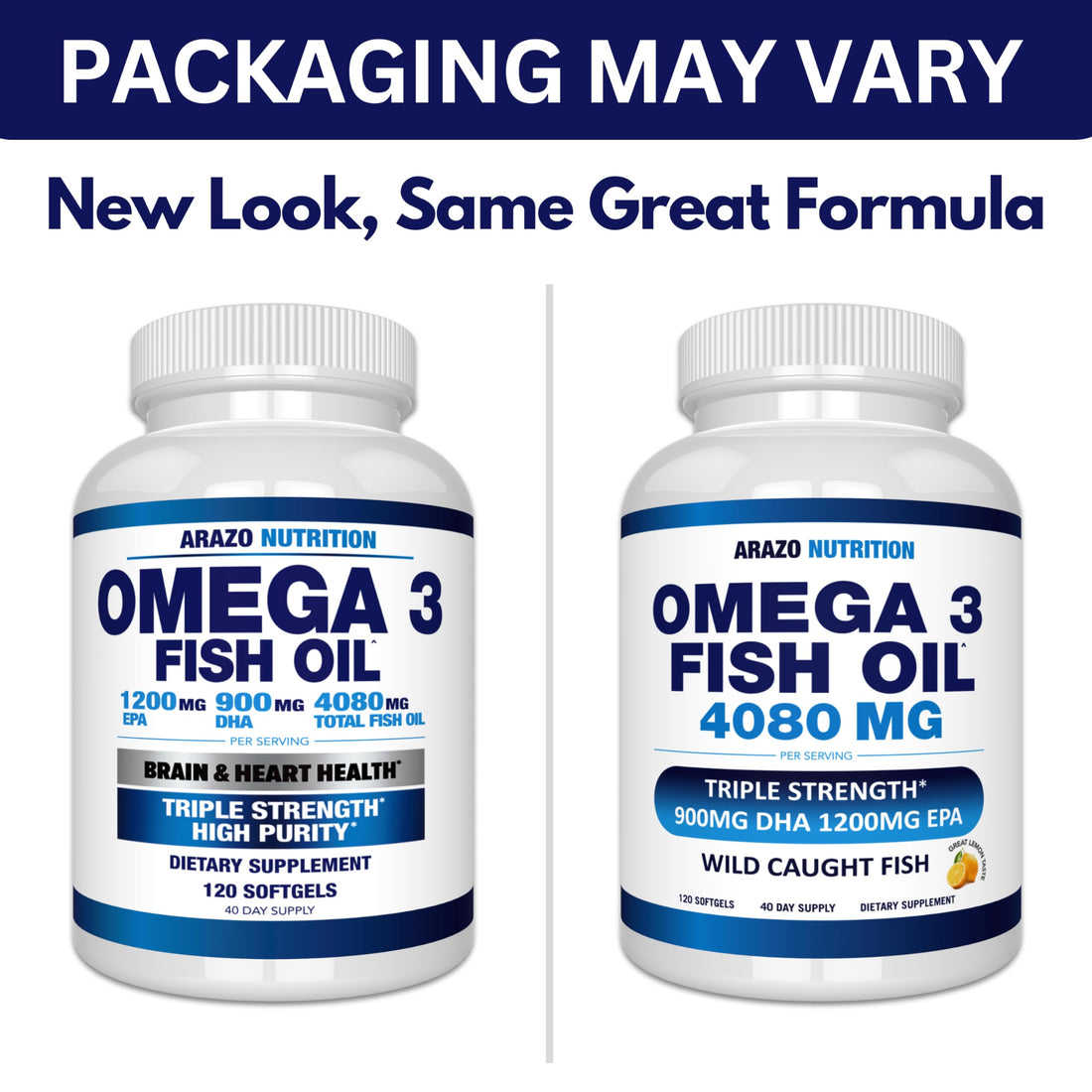 Arazo Nutrition Wild Caught Omega-3 Fish Oil Concentrate – 4,080mg per Serving – High EPA 1200mg & DHA 900mg