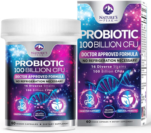 Probiotics for Digestive Gut Health - 100 Billion CFU Per Capsule, 16 Premium Strains & Prebiotics - Best Probiotics for Women & Men, Occasional Constipation Nature's PeakUS supplements