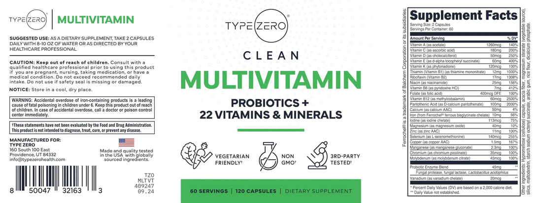 Type Zero Multivitamin Capsules (120 Capsules) (1300 mg) - with Probiotics + 22 Vitamins and Minerals, GMO-Free Type Zero Au supplements