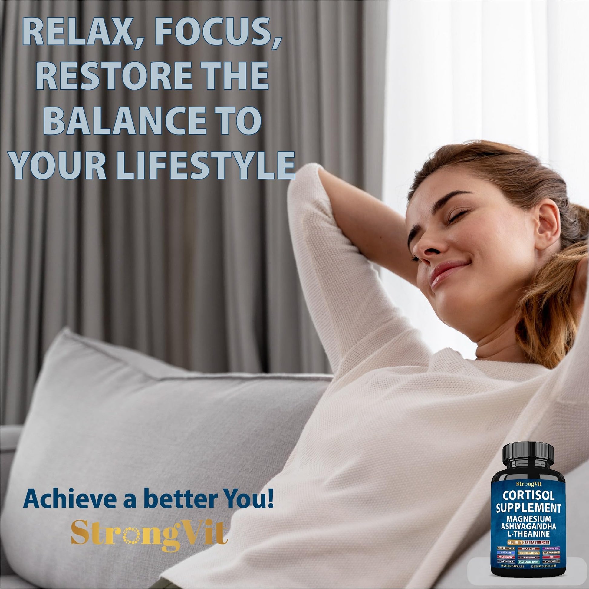 StrongVit Cortisol Supplements for Women and Men with Magnesium, Ashwagandha & L-Theanine. High Cortisol Reducer, Manager, Detox, Lower and Control. Sleep Support & Stress Relief, USA StrongVit Au supplements