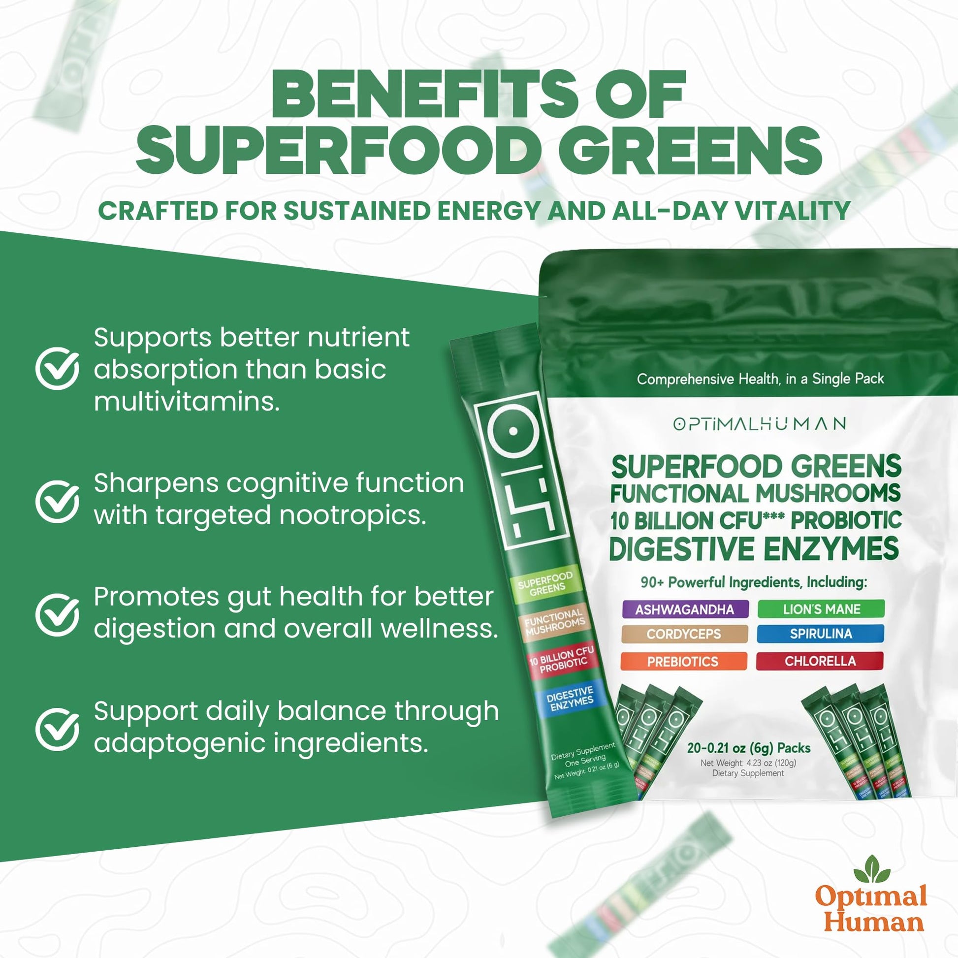 Optimal Human Superfood Greens Powder – 90+ Ingredient Blend with Lion’s Mane Supplement, Ashwagandha & Turmeric – Non-GMO, Soy-Free, Mushroom Supplements for Women – 20 Sachets O H Au supplements