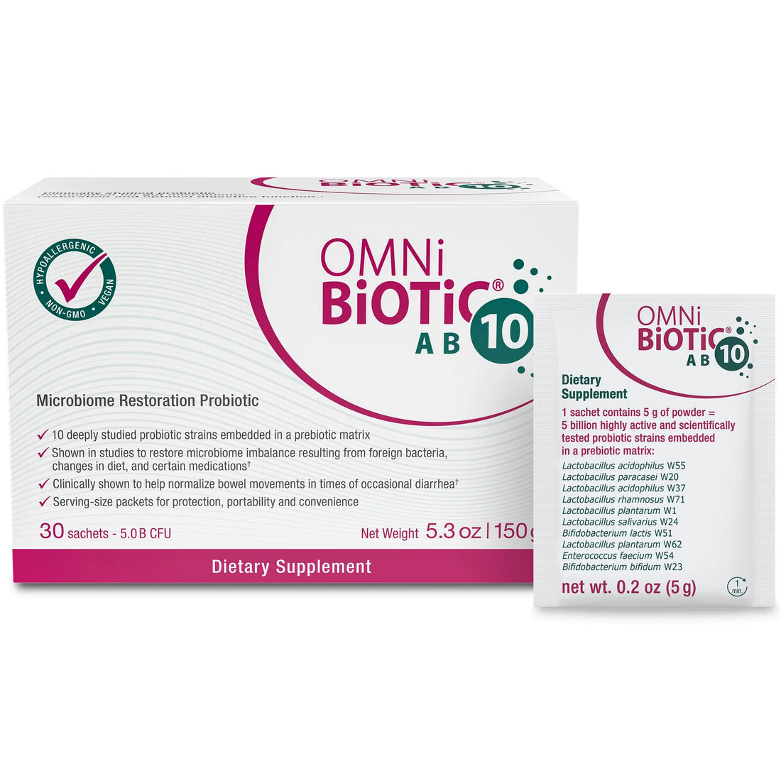 OMNi BiOTiC AB 10 - Clinically Tested Restorative Probiotic - Supports & Restores Gut Flora & Digestion - Digestive Probiotic for Diarrhea - Vegan, Hypoallergenic, Non-GMO (30 Daily Packets) OMNi BiOTiC Au supplements